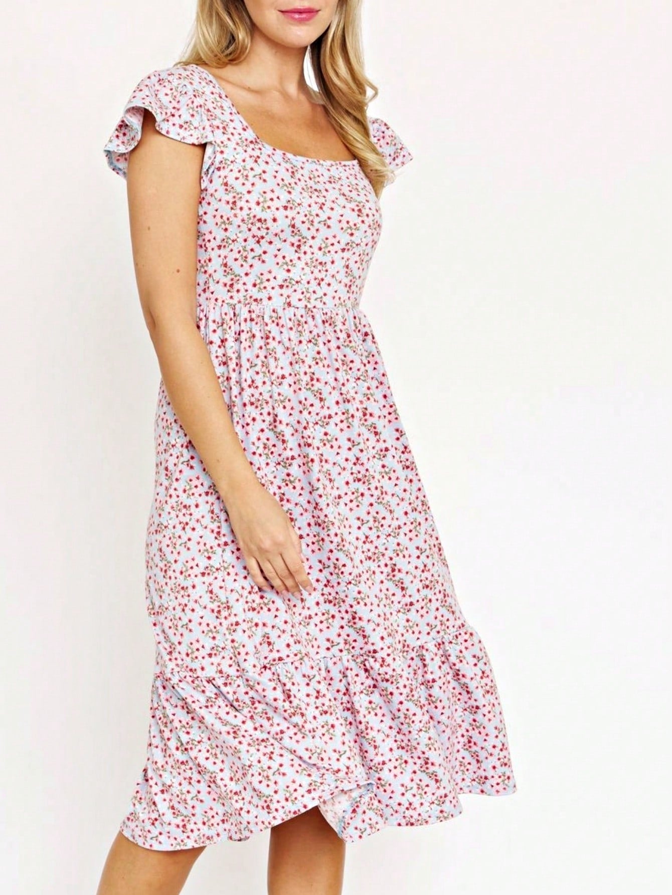 Boho Retro Ditsy Floral Flutter Puff Sleeve Square Neck Tiered Ruffle Tea Midi Length Classic Bridgerton Dress