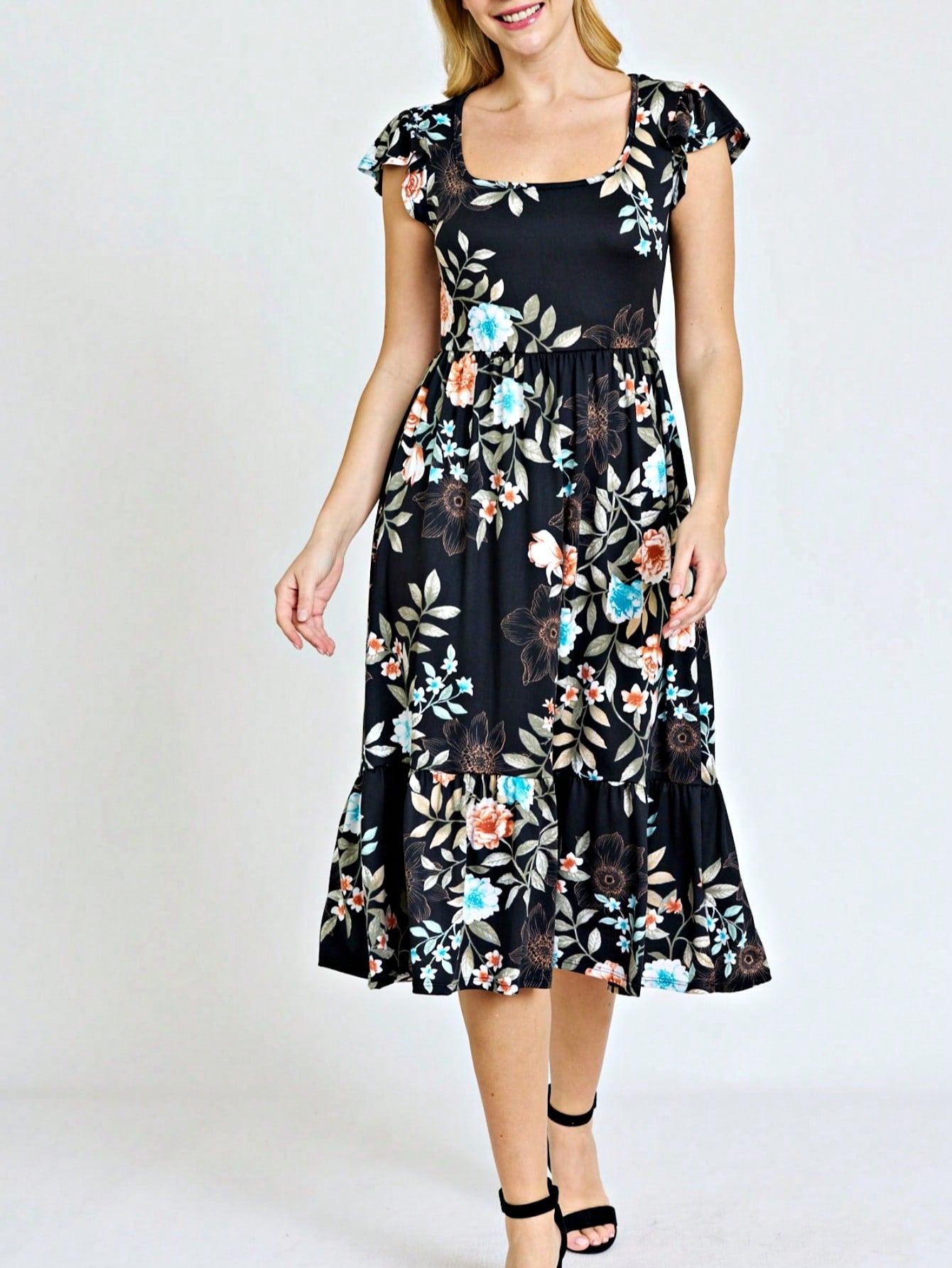Boho Retro Ditsy Floral Flutter Puff Sleeve Square Neck Tiered Ruffle Tea Midi Length Classic Bridgerton Dress