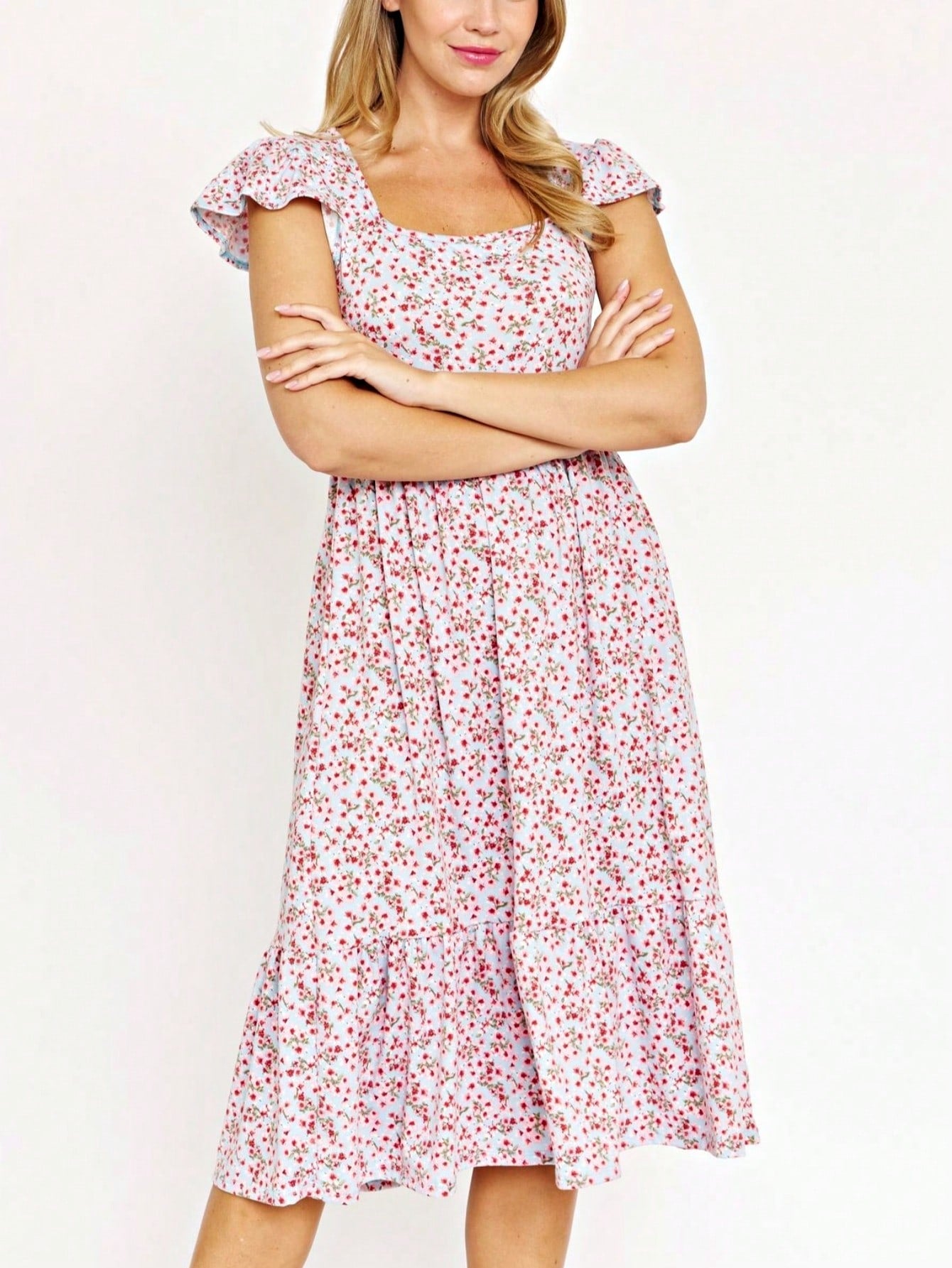 Boho Retro Ditsy Floral Flutter Puff Sleeve Square Neck Tiered Ruffle Tea Midi Length Classic Bridgerton Dress