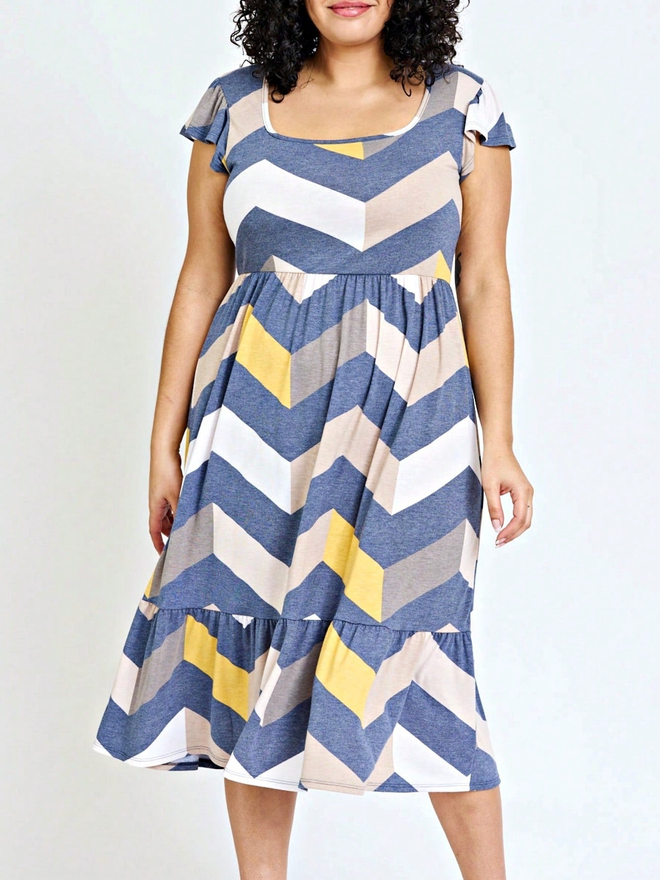 Boho Retro Ditsy Floral Flutter Puff Sleeve Square Neck Tiered Ruffle Tea Midi Length Classic Bridgerton Dress