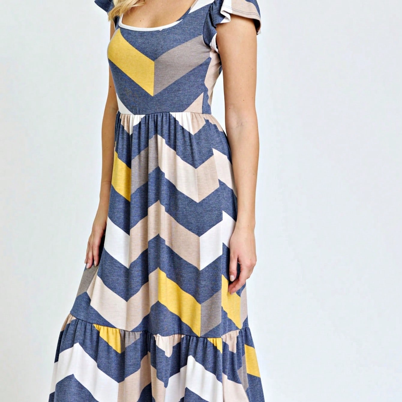 Boho Retro Ditsy Floral Flutter Puff Sleeve Square Neck Tiered Ruffle Tea Midi Length Classic Bridgerton Dress