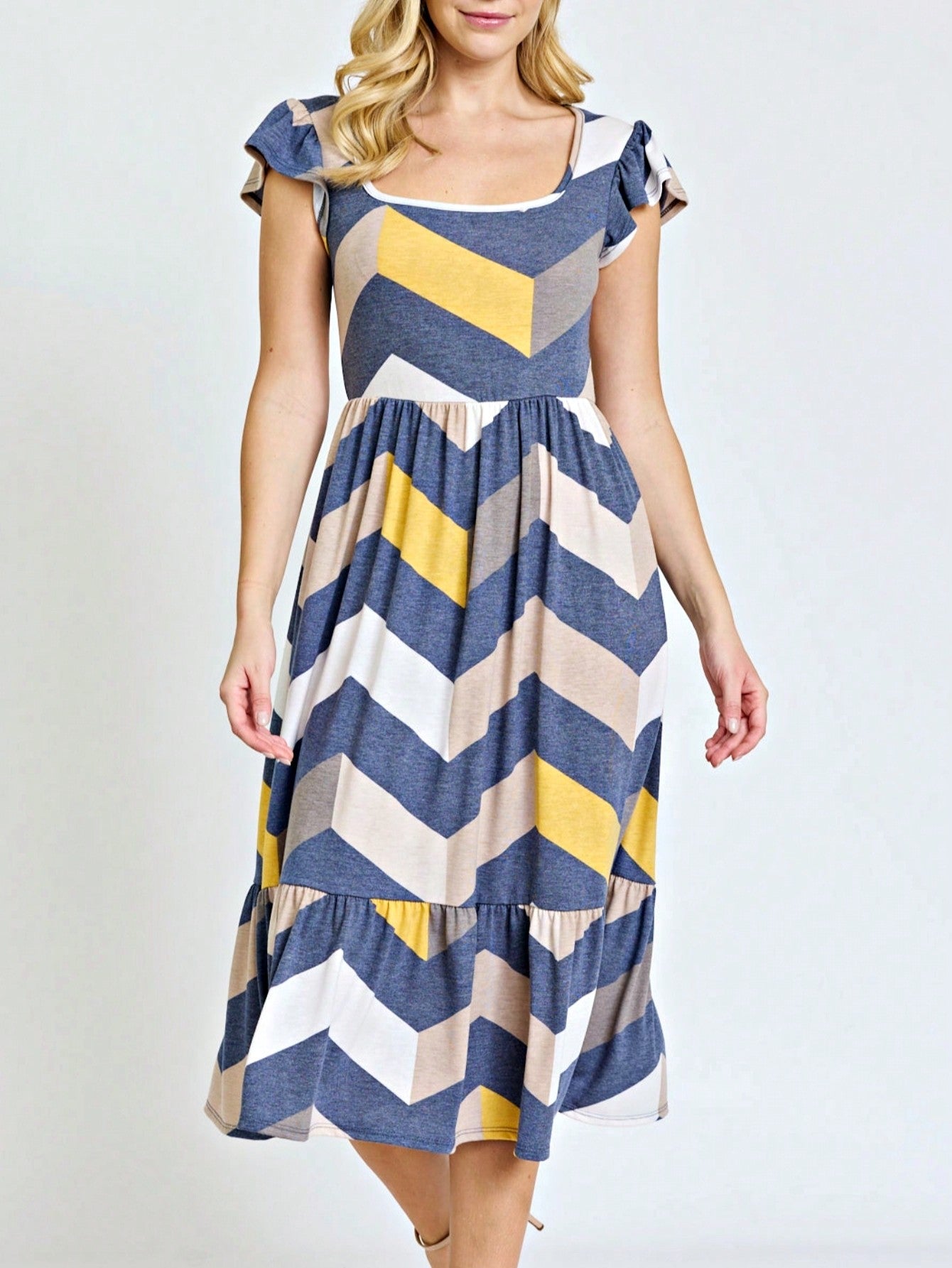 Boho Retro Ditsy Floral Flutter Puff Sleeve Square Neck Tiered Ruffle Tea Midi Length Classic Bridgerton Dress