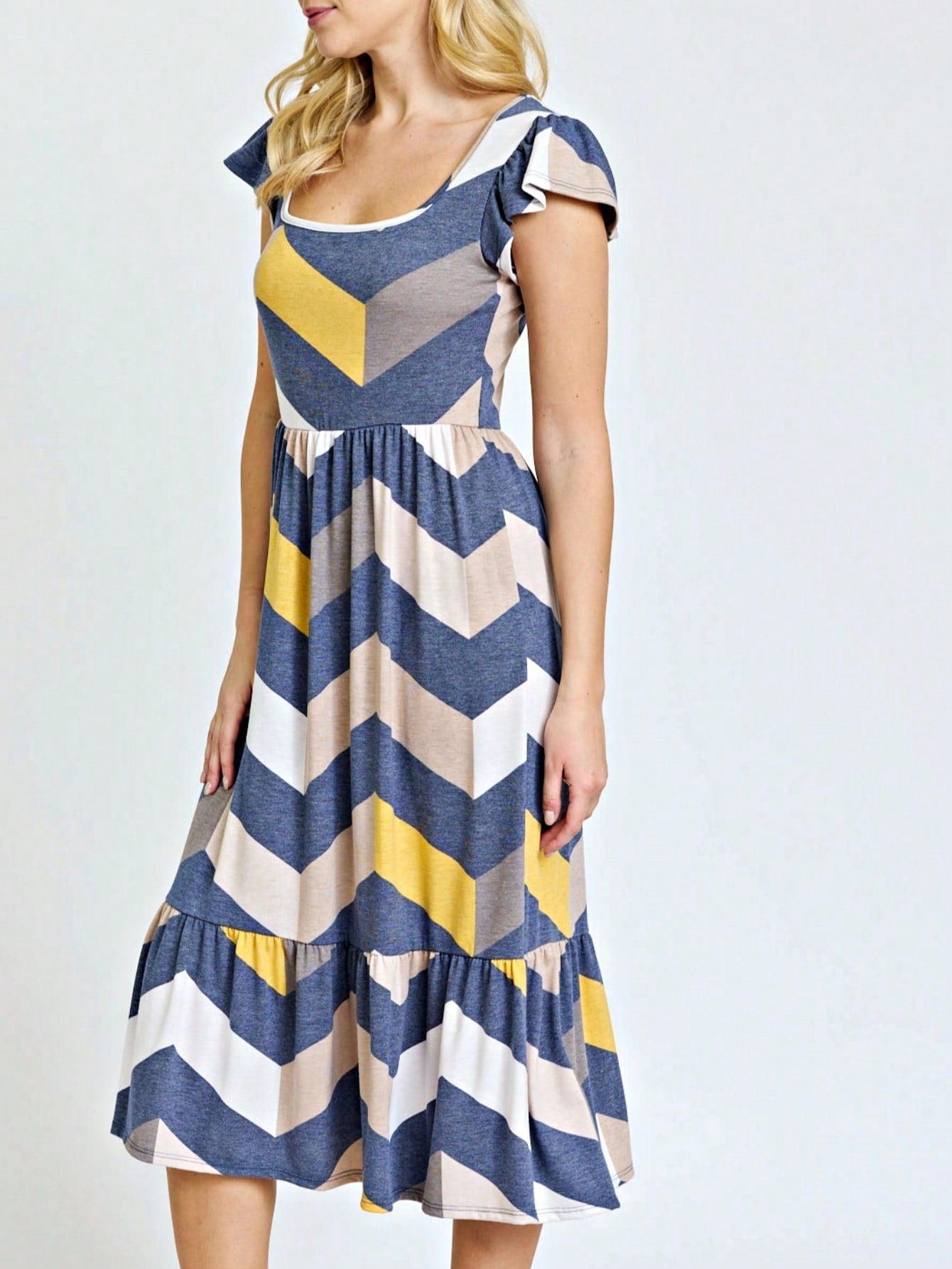 Boho Retro Ditsy Floral Flutter Puff Sleeve Square Neck Tiered Ruffle Tea Midi Length Classic Bridgerton Dress
