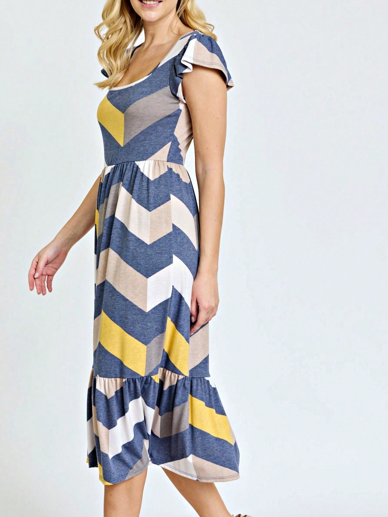 Boho Retro Ditsy Floral Flutter Puff Sleeve Square Neck Tiered Ruffle Tea Midi Length Classic Bridgerton Dress