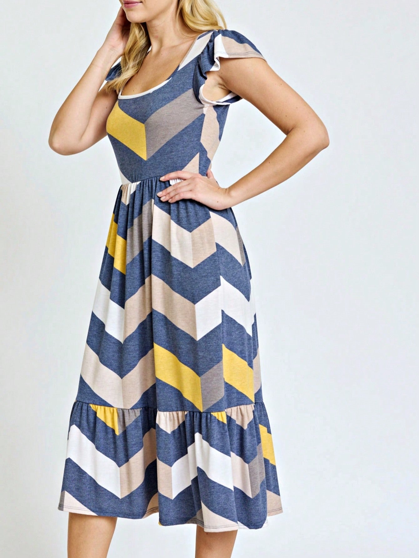 Boho Retro Ditsy Floral Flutter Puff Sleeve Square Neck Tiered Ruffle Tea Midi Length Classic Bridgerton Dress