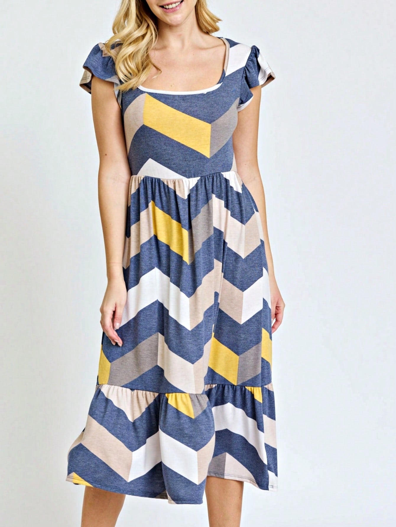Boho Retro Ditsy Floral Flutter Puff Sleeve Square Neck Tiered Ruffle Tea Midi Length Classic Bridgerton Dress