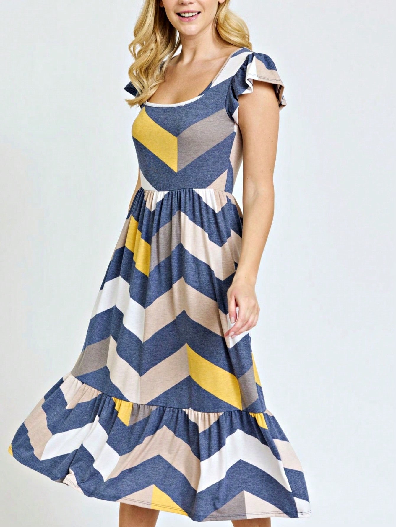 Boho Retro Ditsy Floral Flutter Puff Sleeve Square Neck Tiered Ruffle Tea Midi Length Classic Bridgerton Dress