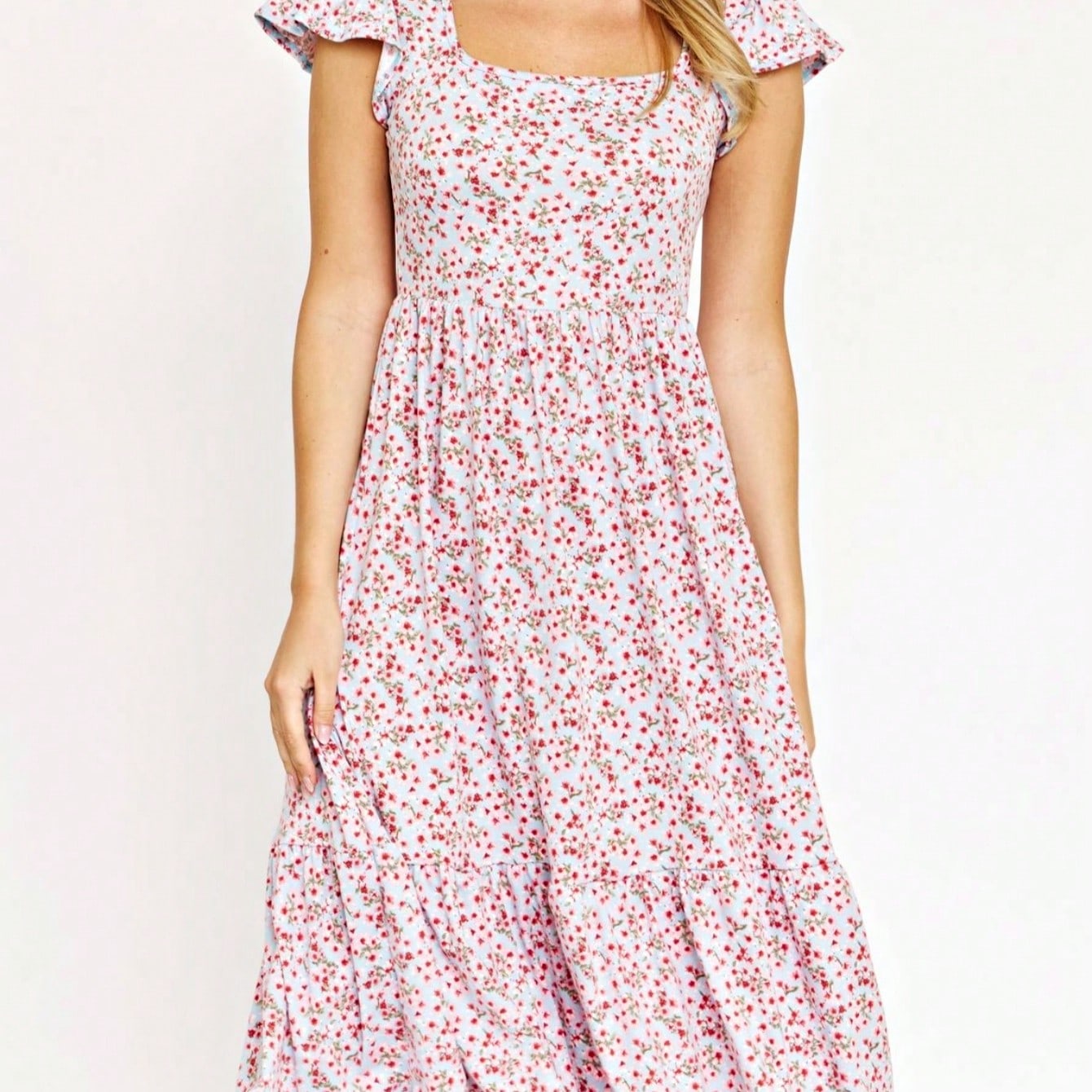 Boho Retro Ditsy Floral Flutter Puff Sleeve Square Neck Tiered Ruffle Tea Midi Length Classic Bridgerton Dress