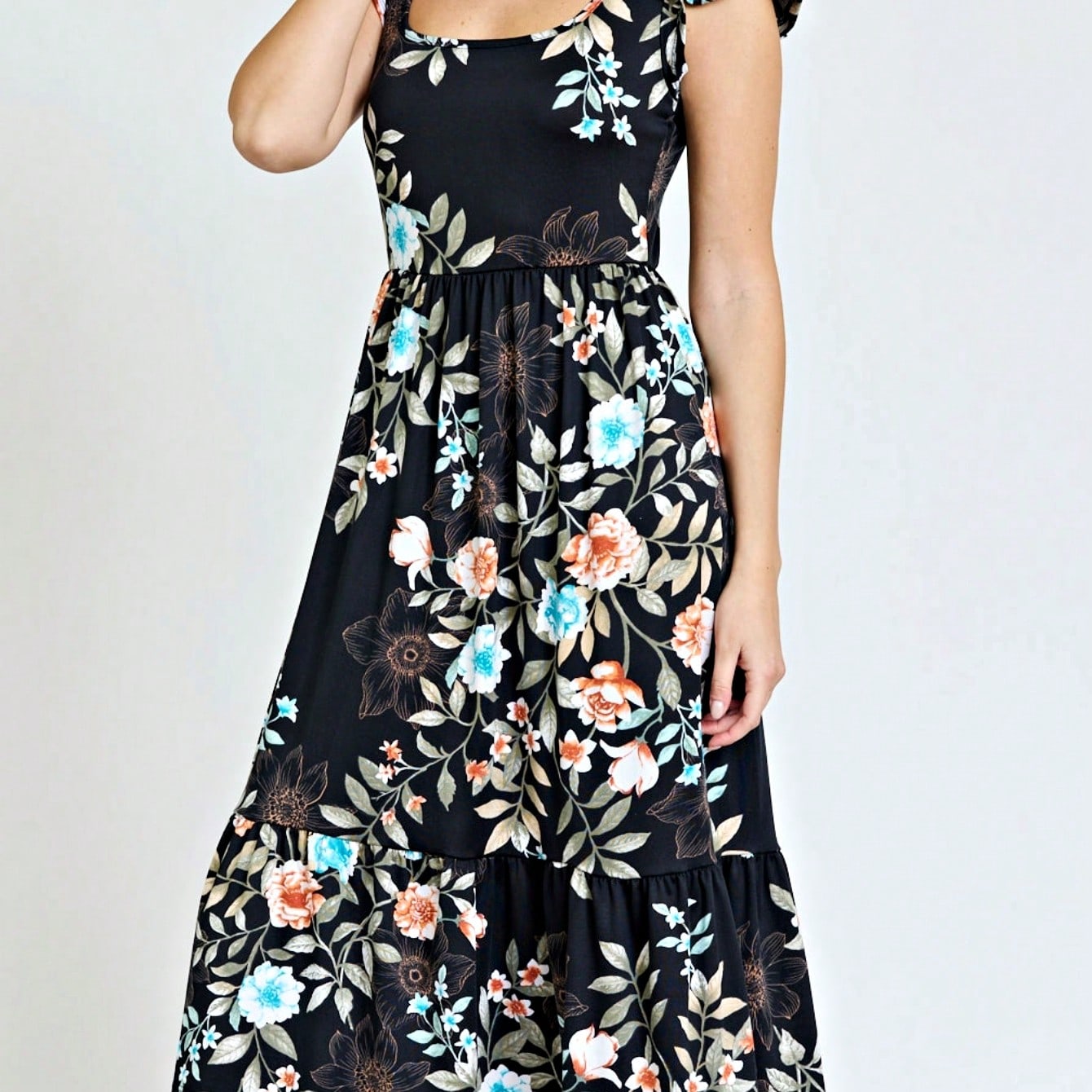 Boho Retro Ditsy Floral Flutter Puff Sleeve Square Neck Tiered Ruffle Tea Midi Length Classic Bridgerton Dress