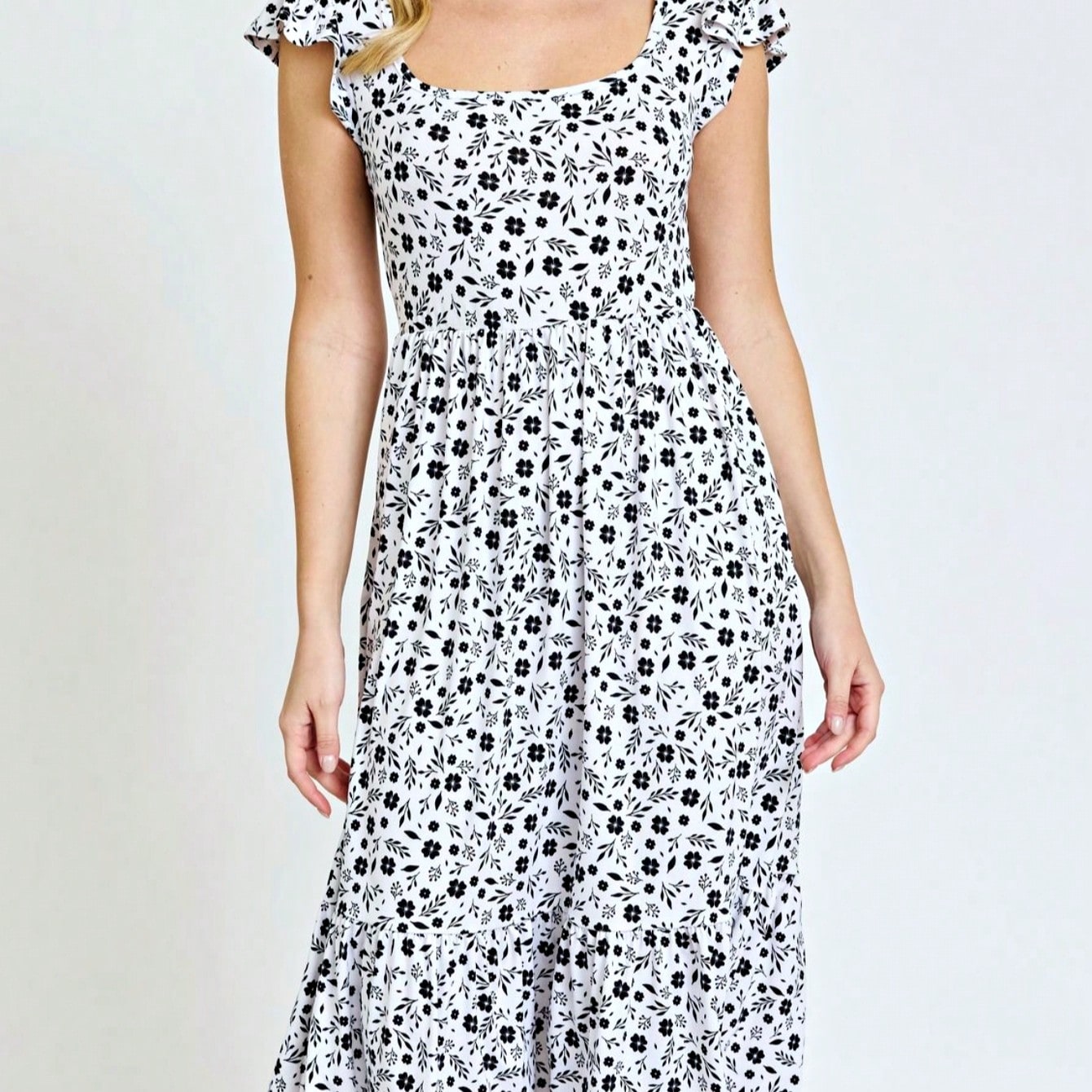 Boho Retro Ditsy Floral Flutter Puff Sleeve Square Neck Tiered Ruffle Tea Midi Length Classic Bridgerton Dress