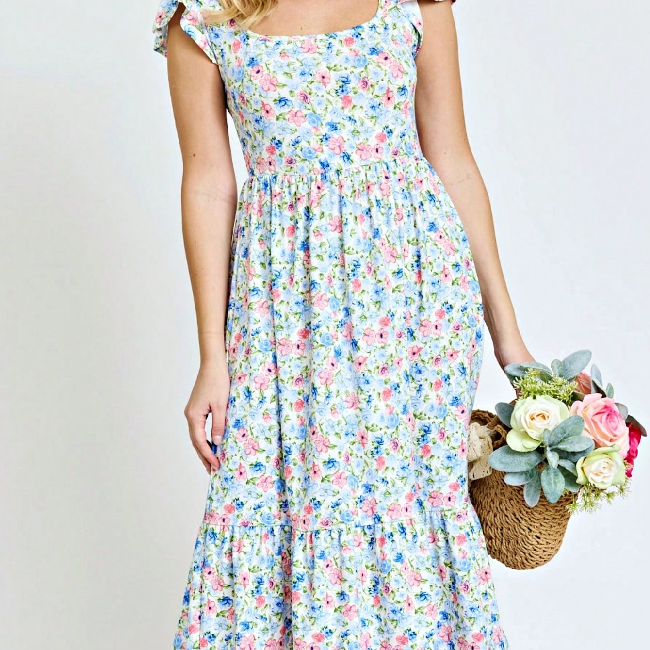 Boho Retro Ditsy Floral Flutter Puff Sleeve Square Neck Tiered Ruffle Tea Midi Length Classic Bridgerton Dress