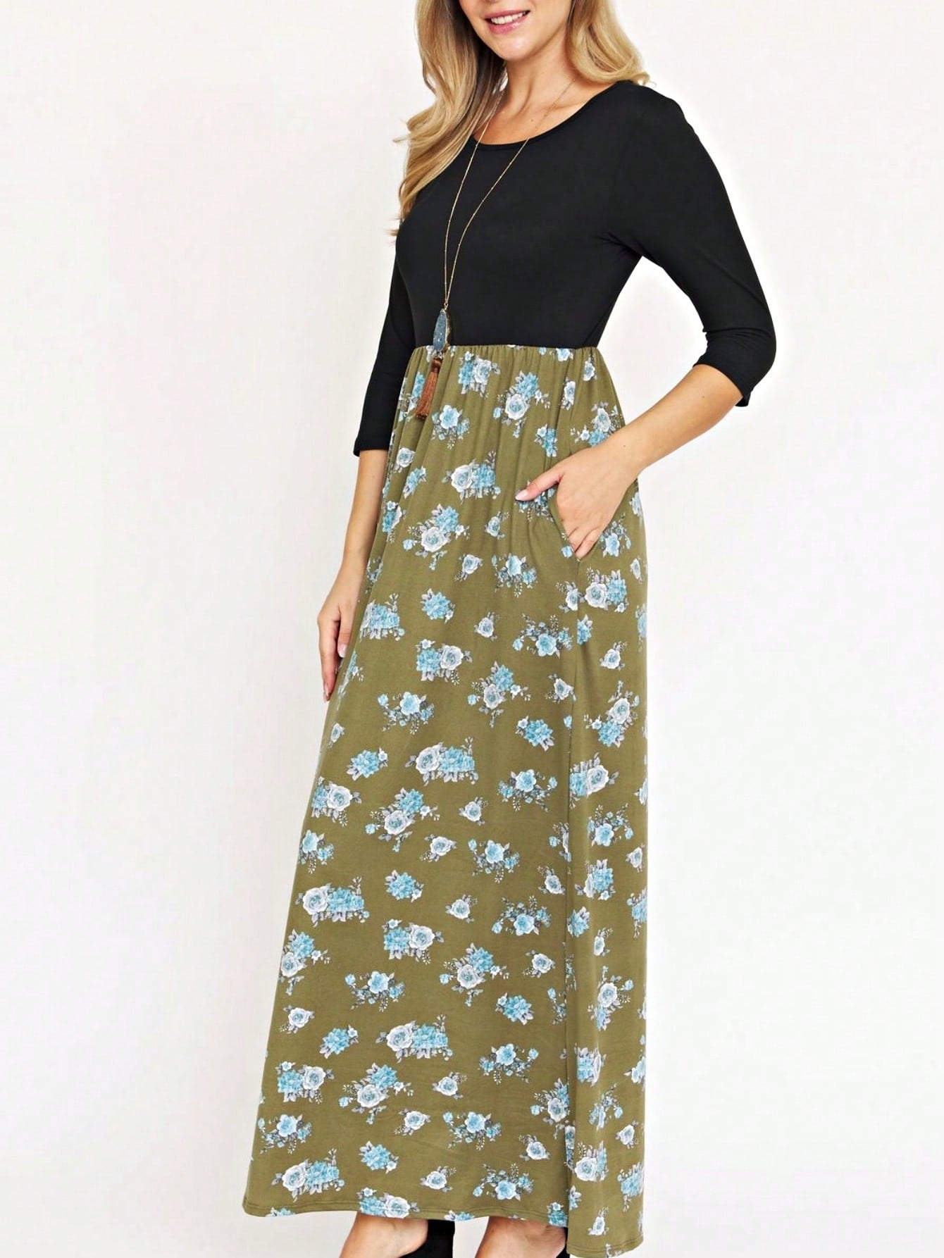 Boho Retro Multi Ditsy Floral Stripe Blue Charcoal Black Coral Short Sleeve Maxi Long Dress With Pocket | S-3X