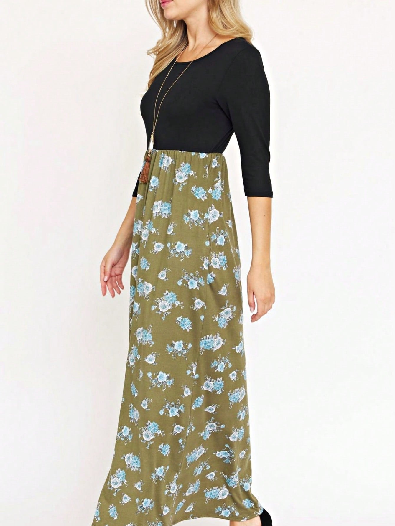 Boho Retro Multi Ditsy Floral Stripe Blue Charcoal Black Coral Short Sleeve Maxi Long Dress With Pocket | S-3X