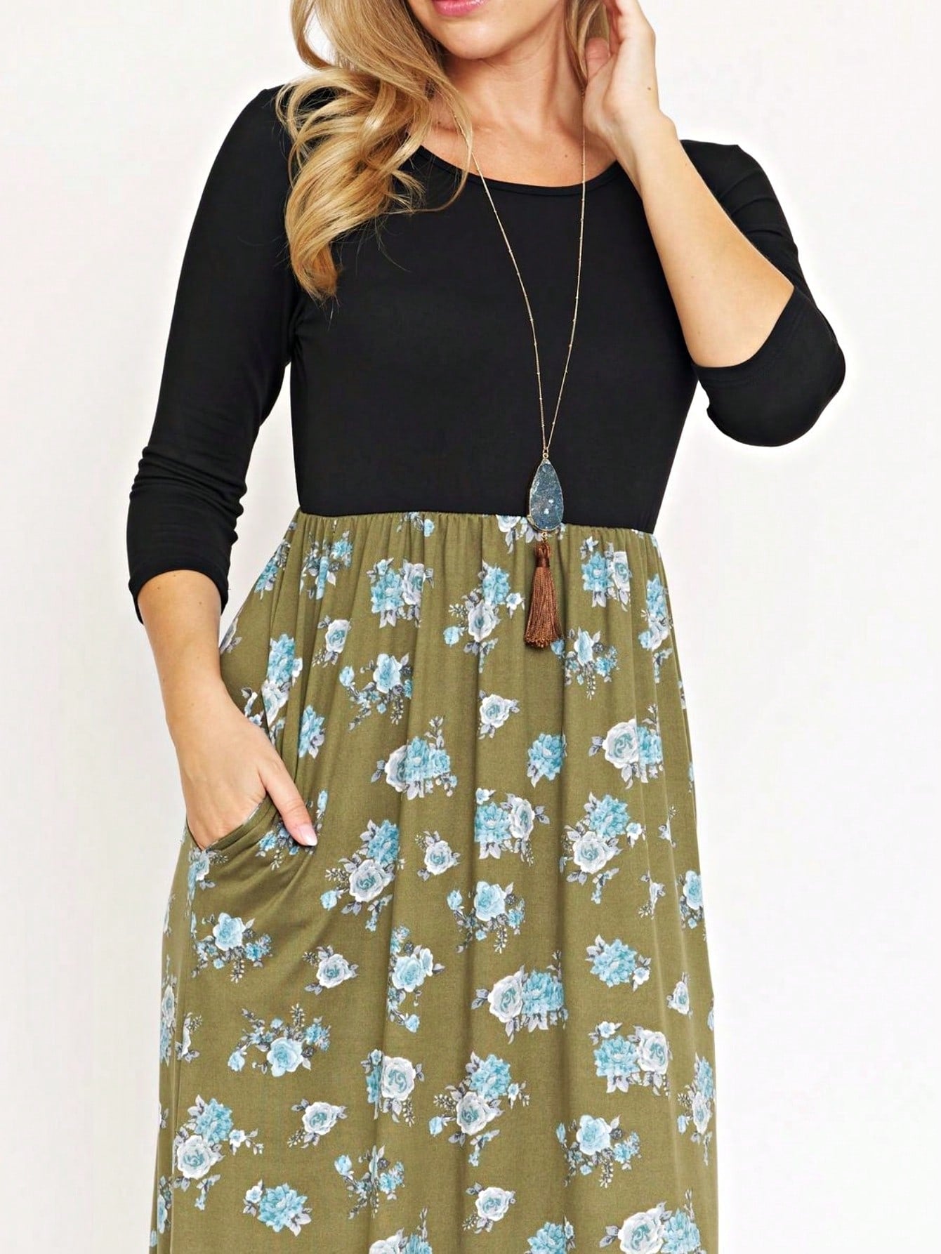 Boho Retro Multi Ditsy Floral Stripe Blue Charcoal Black Coral Short Sleeve Maxi Long Dress With Pocket | S-3X