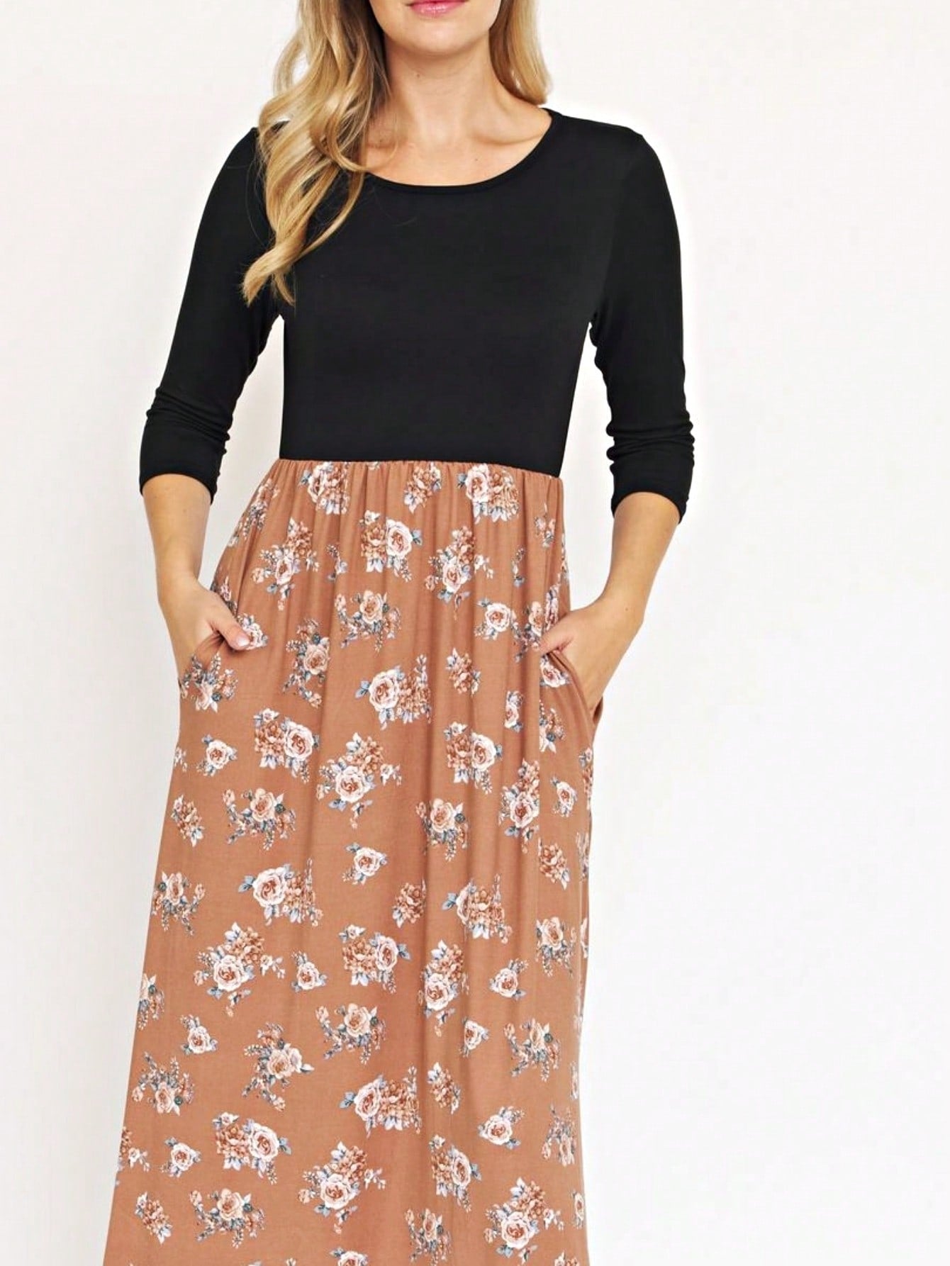 Boho Retro Multi Ditsy Floral Stripe Blue Charcoal Black Coral Short Sleeve Maxi Long Dress With Pocket | S-3X