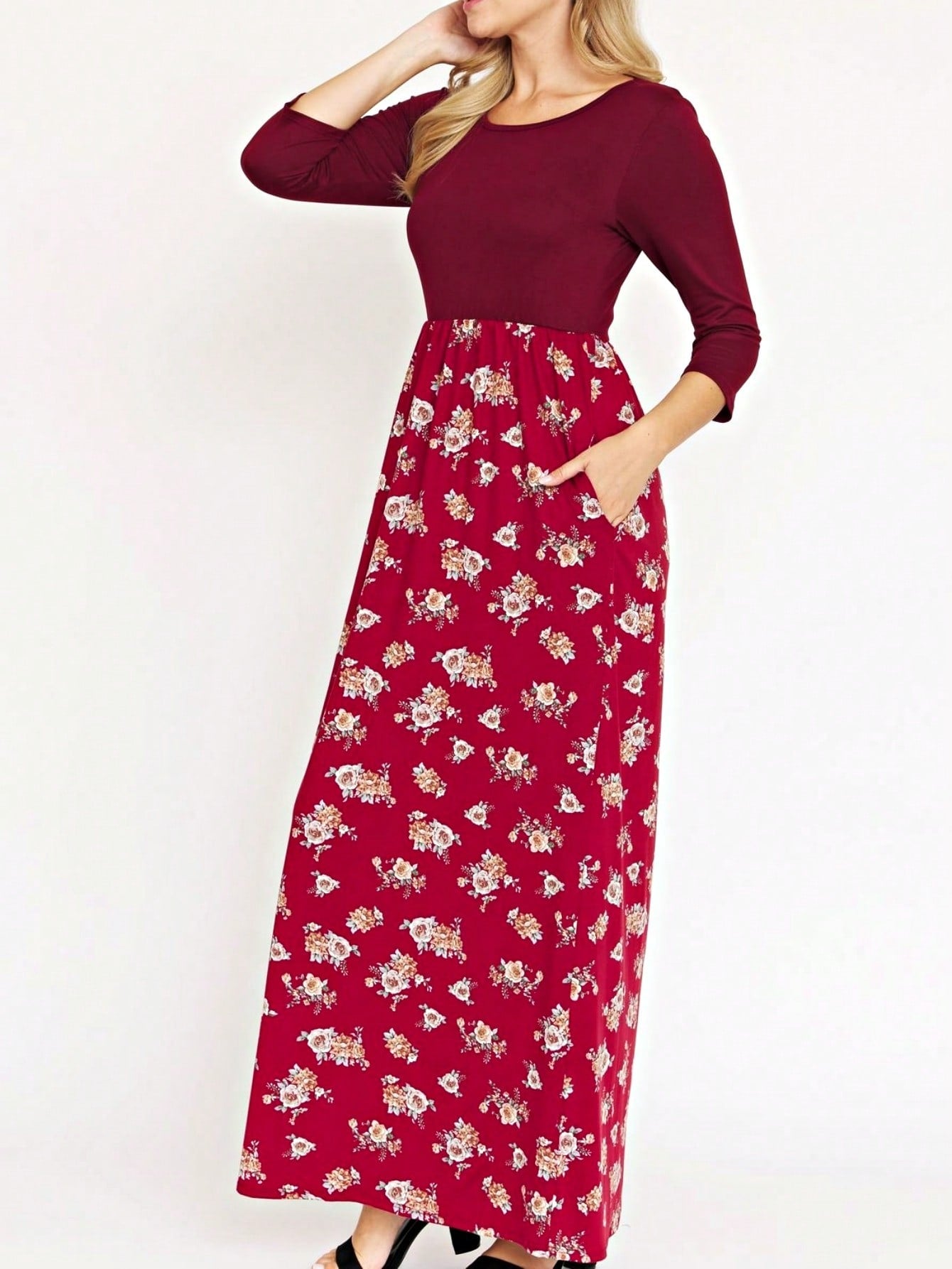 Boho Retro Multi Ditsy Floral Stripe Blue Charcoal Black Coral Short Sleeve Maxi Long Dress With Pocket | S-3X