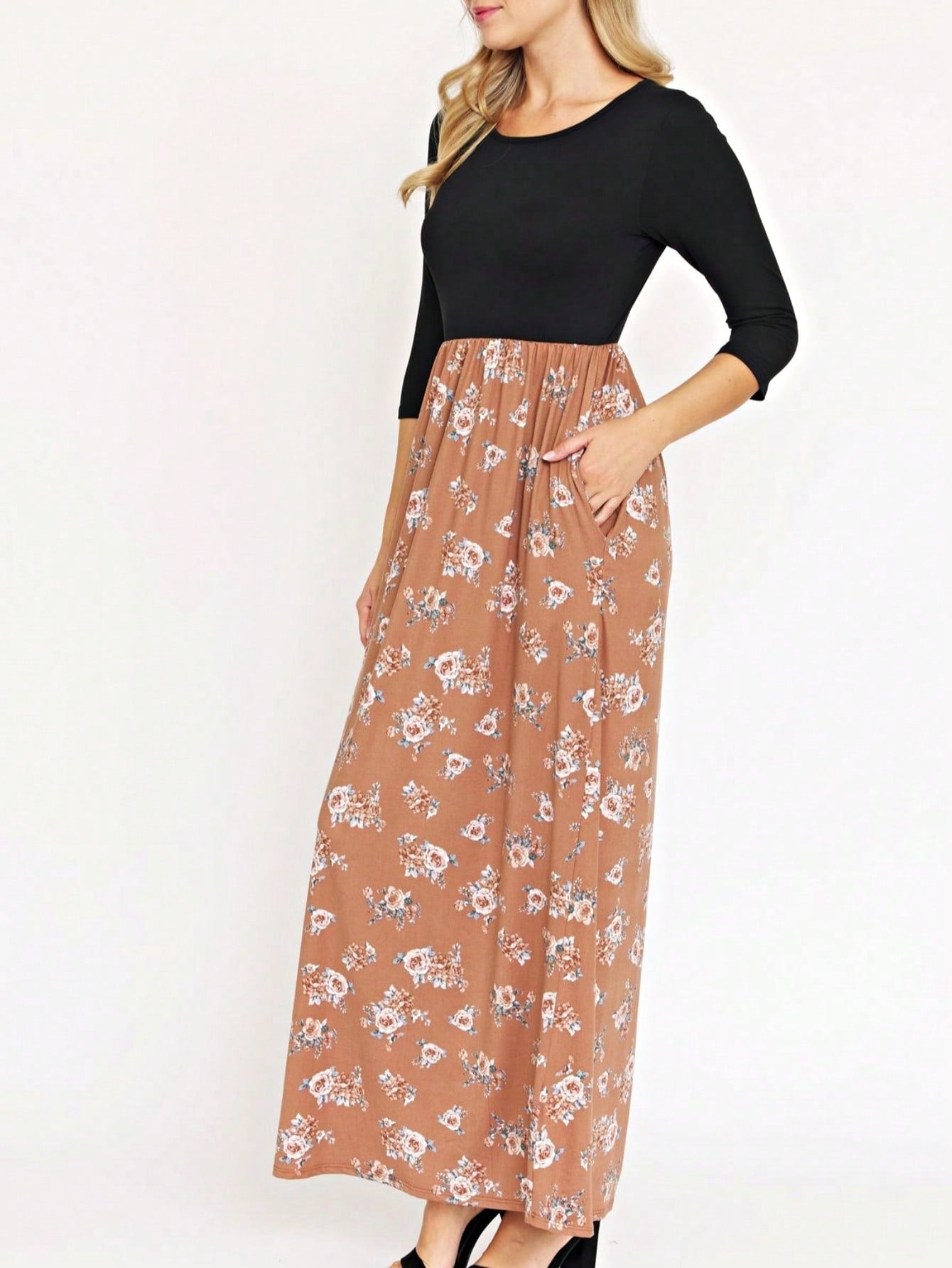 Boho Retro Multi Ditsy Floral Stripe Blue Charcoal Black Coral Short Sleeve Maxi Long Dress With Pocket | S-3X