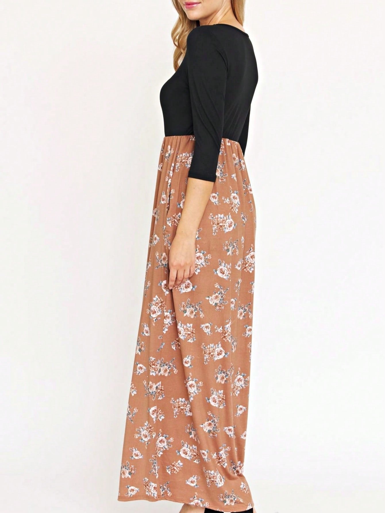 Boho Retro Multi Ditsy Floral Stripe Blue Charcoal Black Coral Short Sleeve Maxi Long Dress With Pocket | S-3X