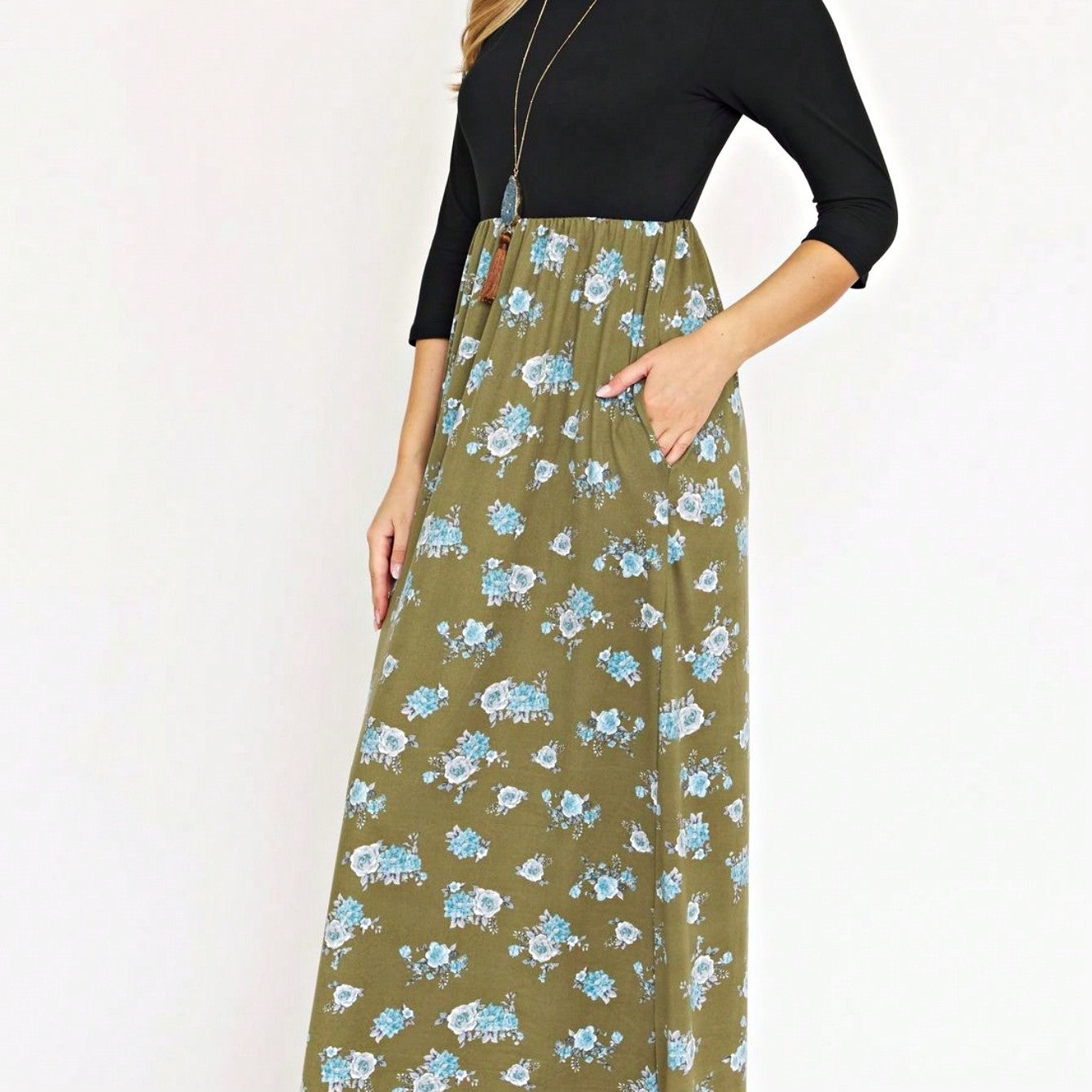 Boho Retro Multi Ditsy Floral Stripe Blue Charcoal Black Coral Short Sleeve Maxi Long Dress With Pocket | S-3X