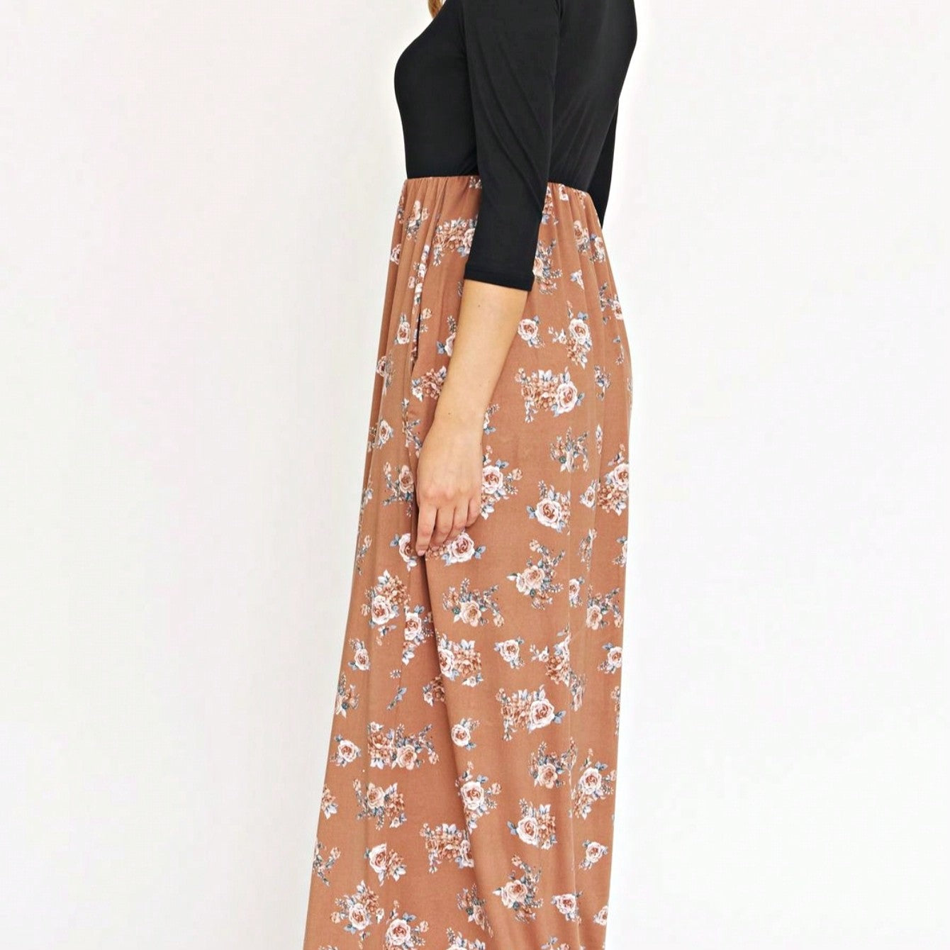 Boho Retro Multi Ditsy Floral Stripe Blue Charcoal Black Coral Short Sleeve Maxi Long Dress With Pocket | S-3X