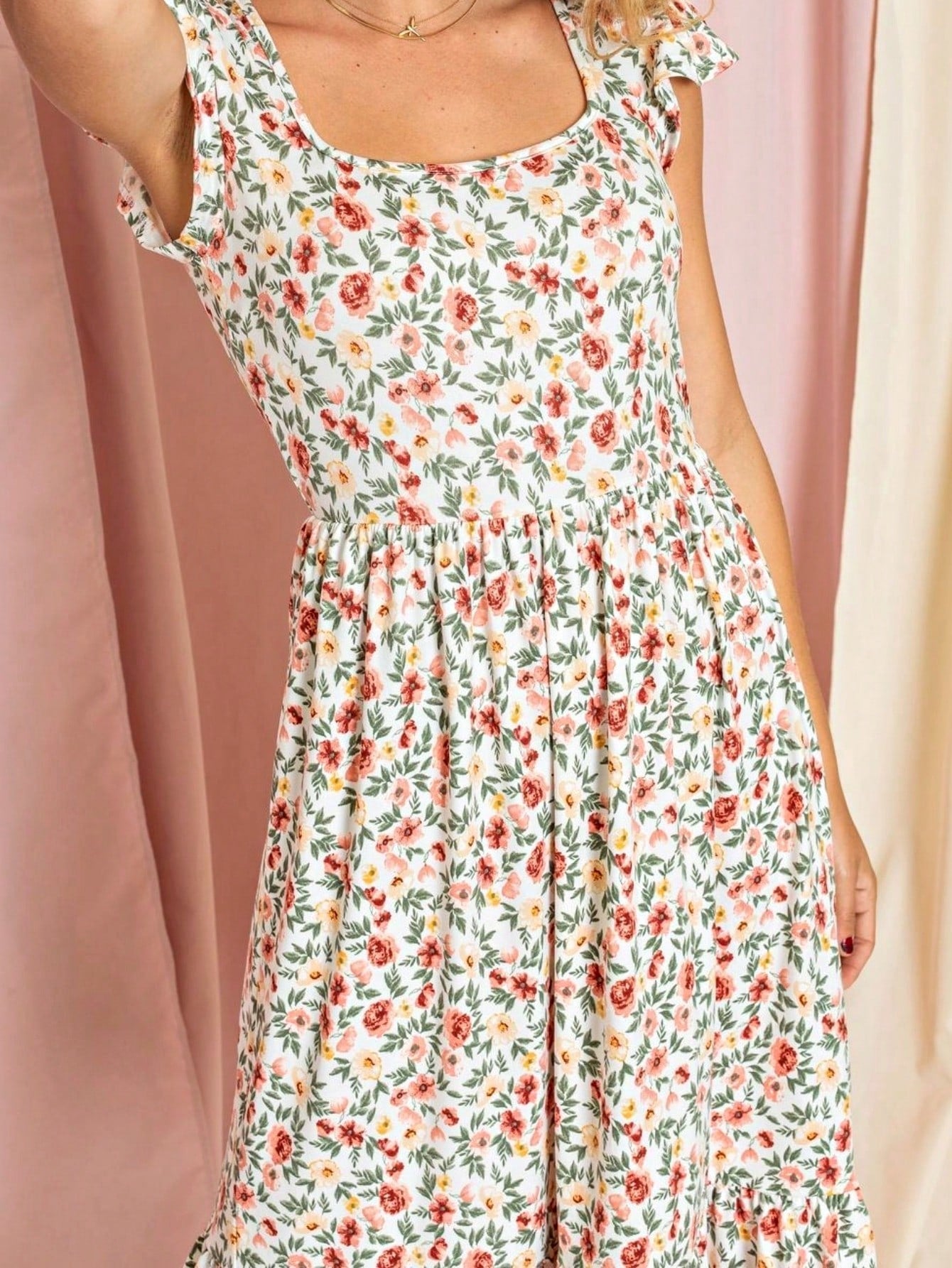 Boho Retro Ditsy Floral Flutter Puff Sleeve Square Neck Tiered Ruffle Tea Midi Length Classic Bridgerton Dress
