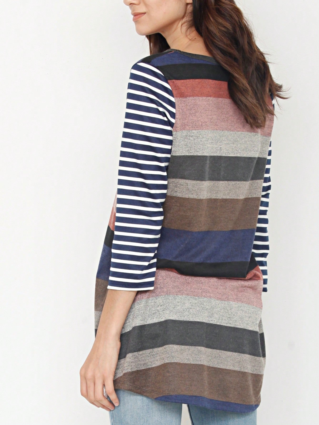 Boho Retro Knit Stripe Raglan Quarter Bishop Balloon Sleeve Stripe Color Fall Top