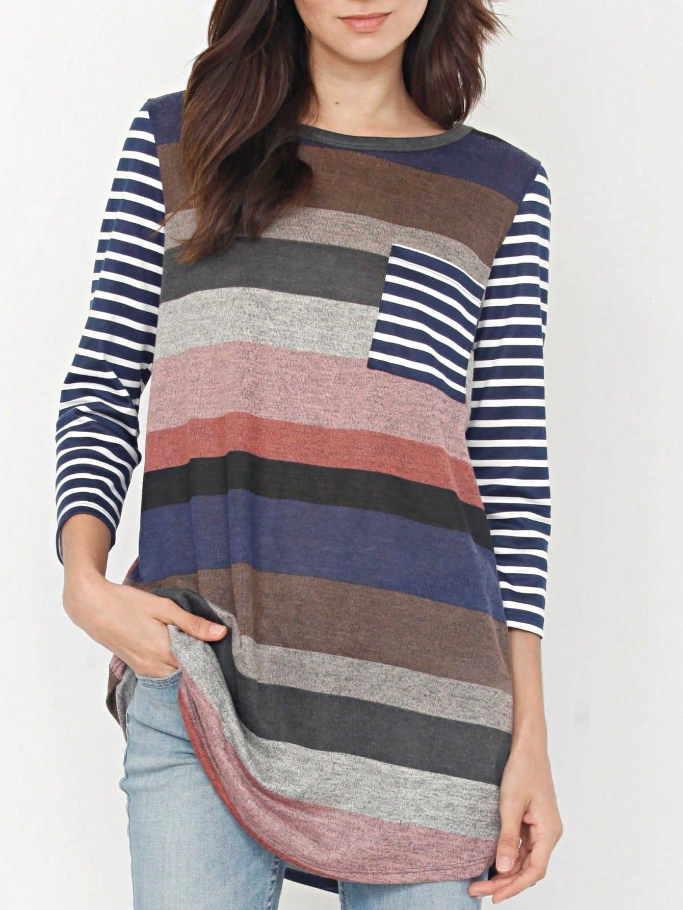 Boho Retro Knit Stripe Raglan Quarter Bishop Balloon Sleeve Stripe Color Fall Top