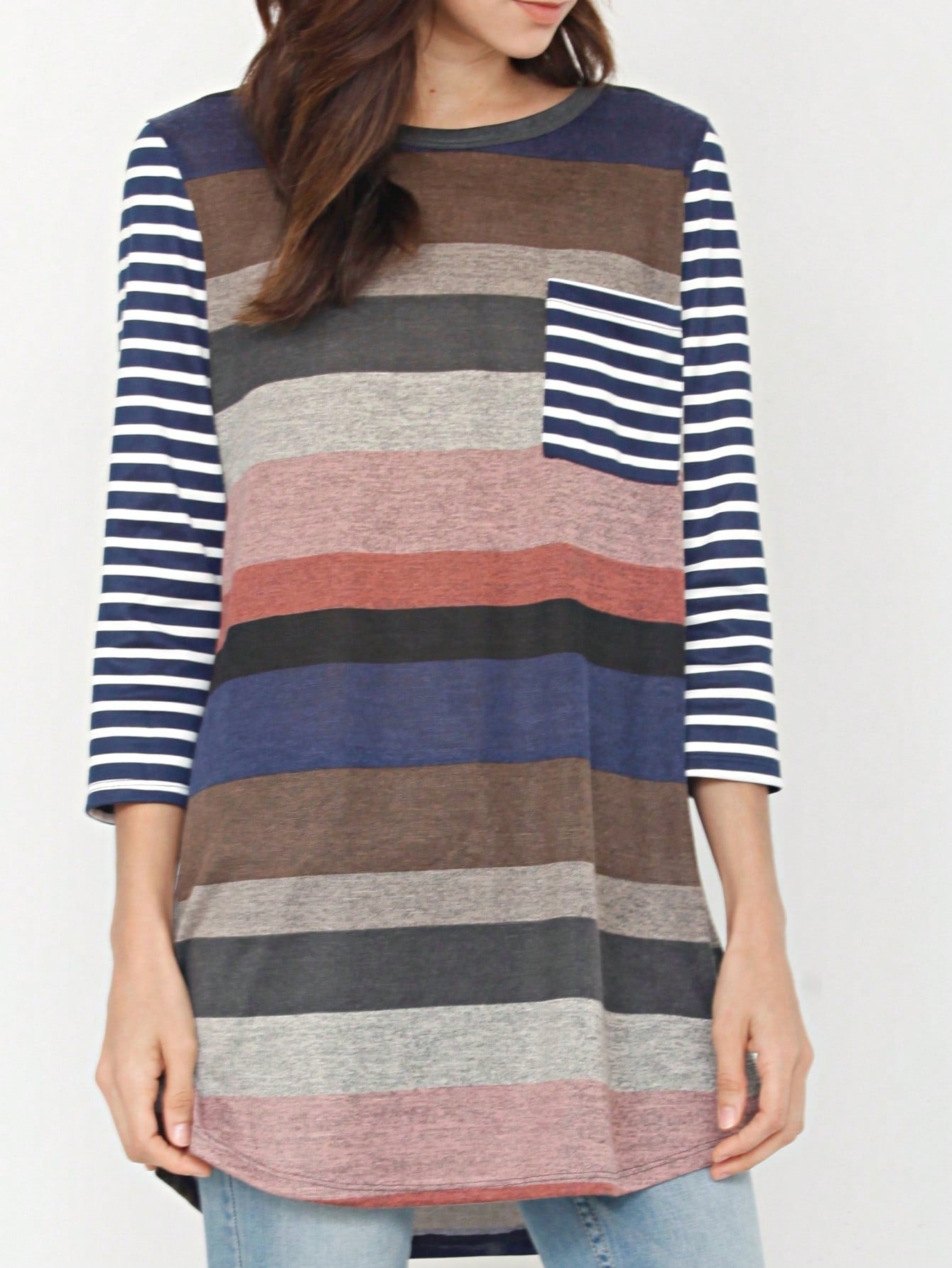 Boho Retro Knit Stripe Raglan Quarter Bishop Balloon Sleeve Stripe Color Fall Top