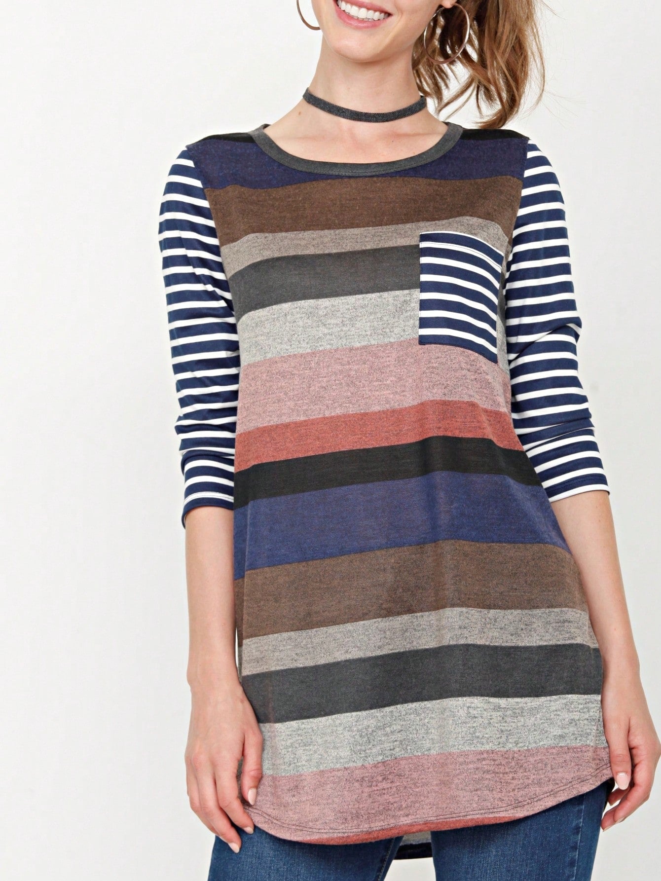 Boho Retro Knit Stripe Raglan Quarter Bishop Balloon Sleeve Stripe Color Fall Top