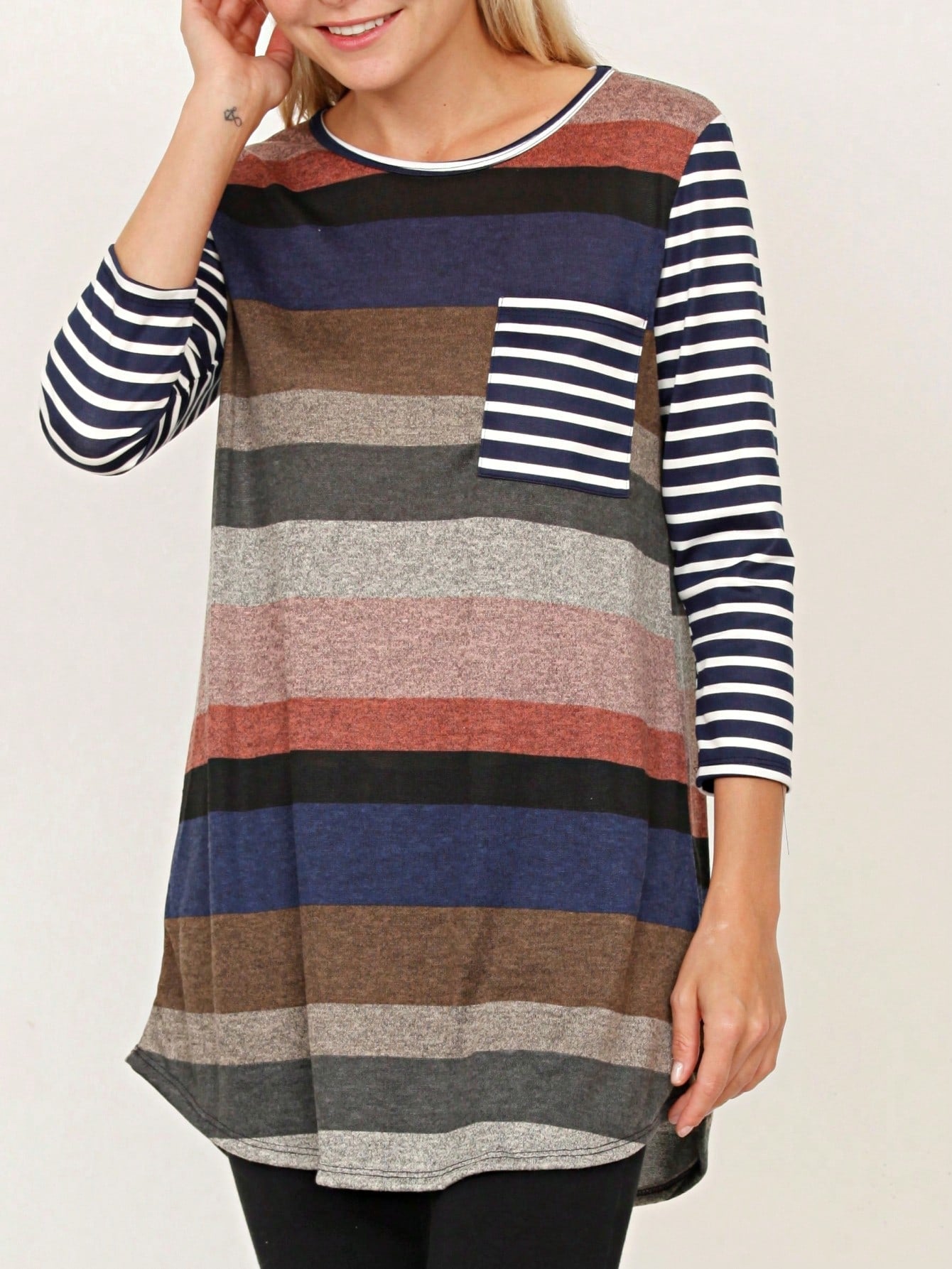 Boho Retro Knit Stripe Raglan Quarter Bishop Balloon Sleeve Stripe Color Fall Top