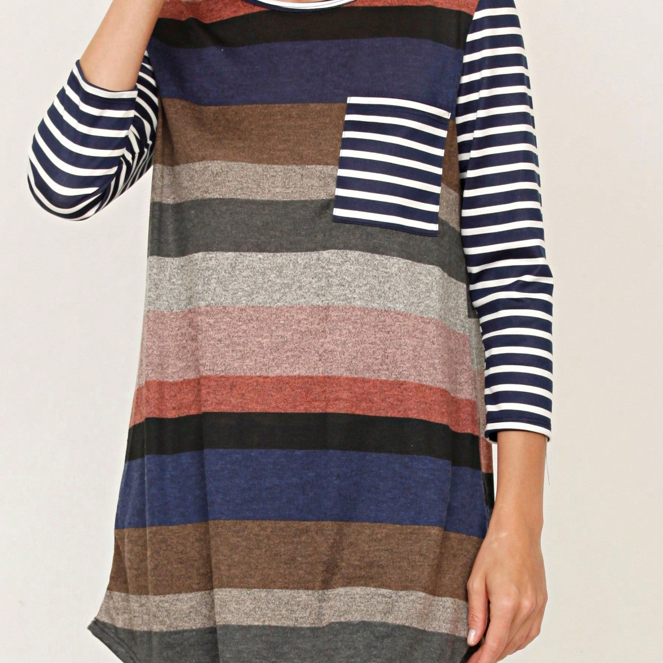 Boho Retro Knit Stripe Raglan Quarter Bishop Balloon Sleeve Stripe Color Fall Top