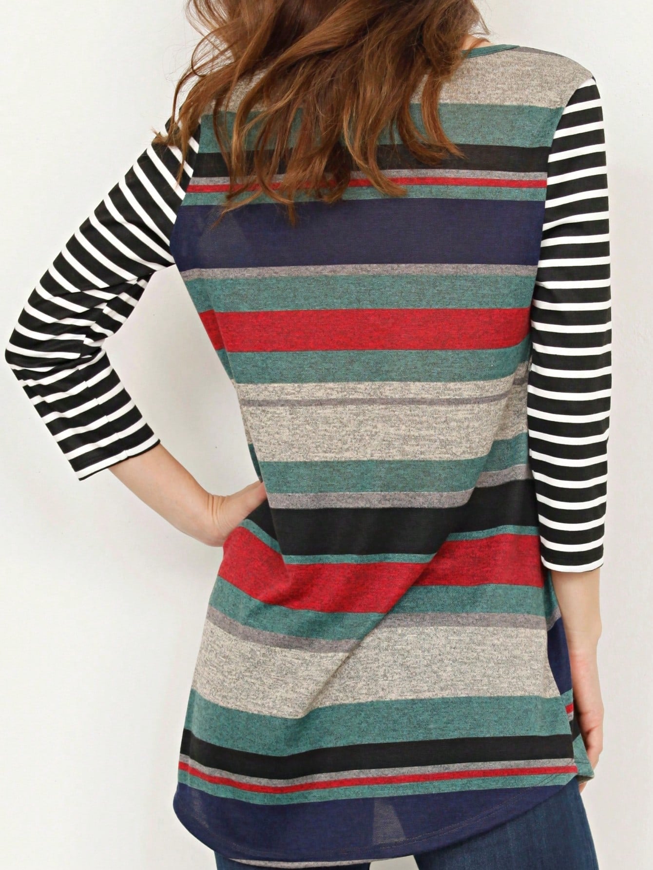 Boho Retro Knit Stripe Raglan Quarter Bishop Balloon Sleeve Stripe Color Fall Top