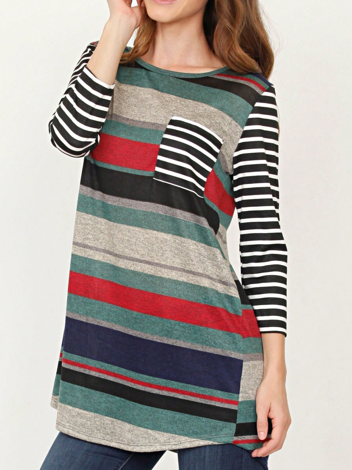 Boho Retro Knit Stripe Raglan Quarter Bishop Balloon Sleeve Stripe Color Fall Top