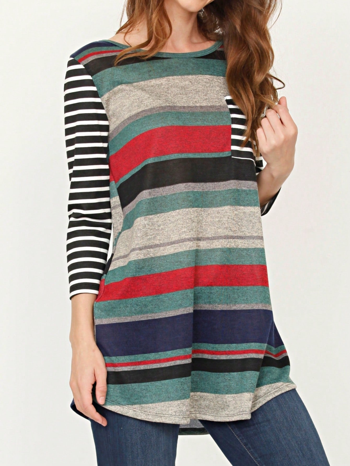 Boho Retro Knit Stripe Raglan Quarter Bishop Balloon Sleeve Stripe Color Fall Top
