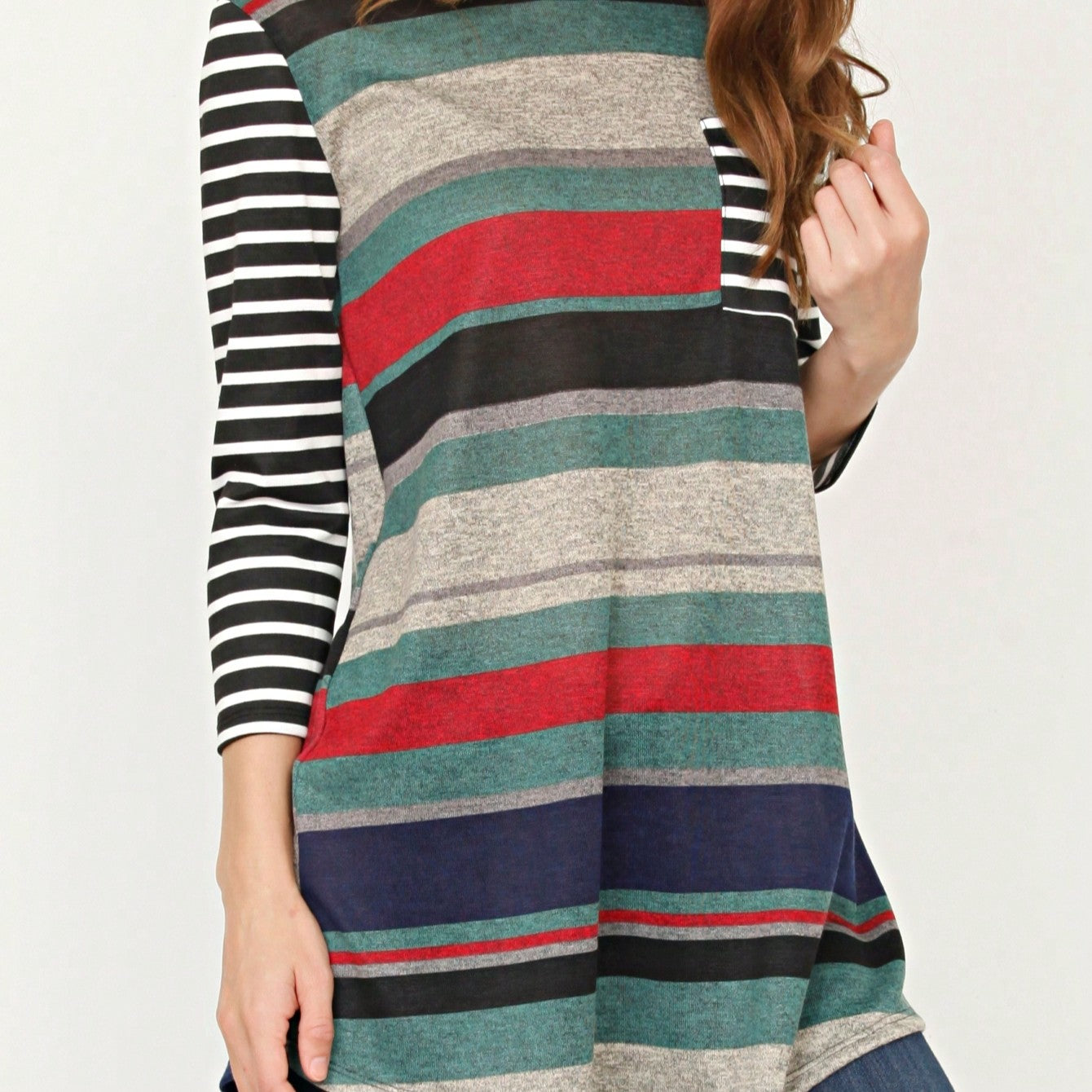 Boho Retro Knit Stripe Raglan Quarter Bishop Balloon Sleeve Stripe Color Fall Top