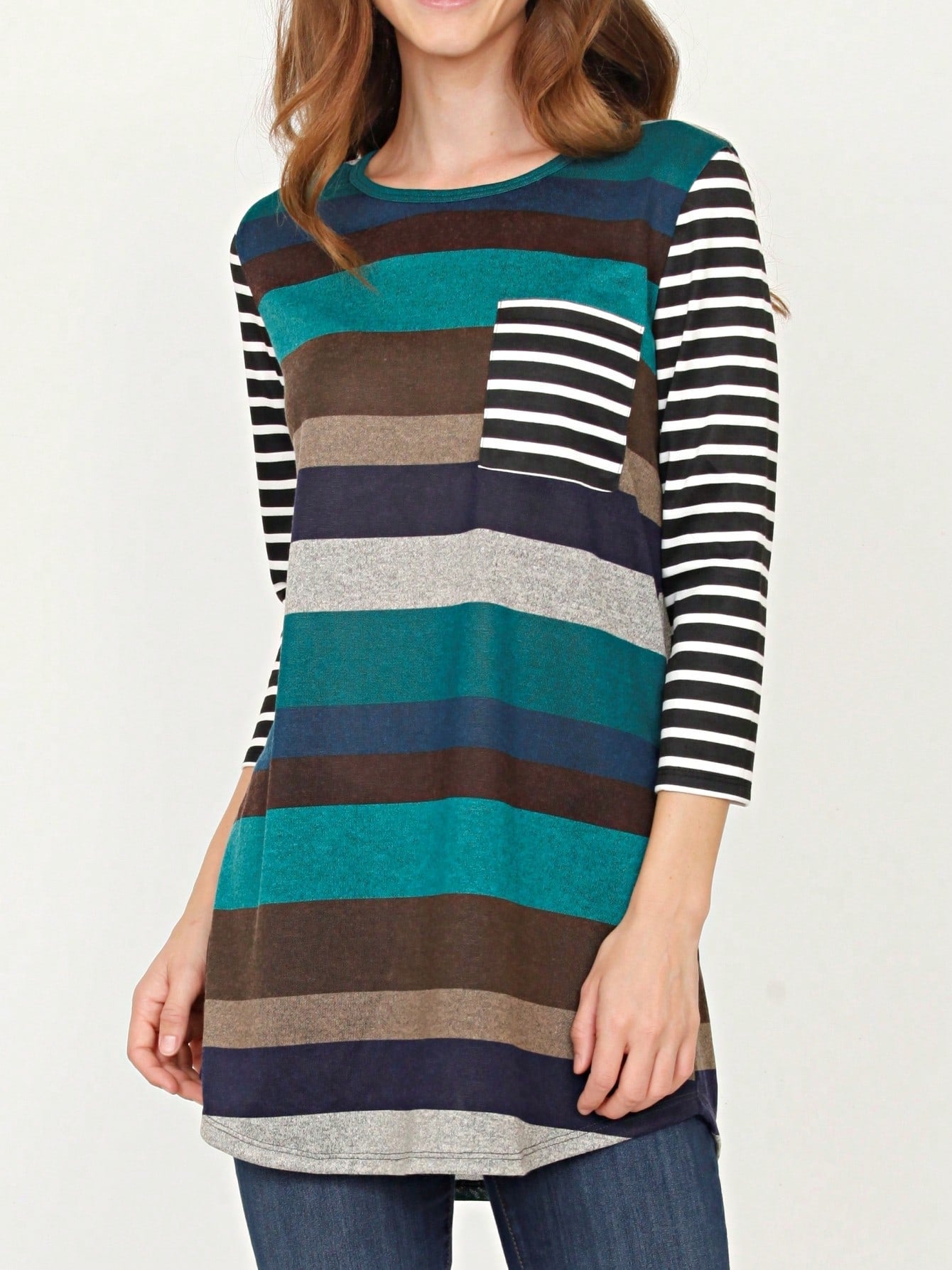 Boho Retro Knit Stripe Raglan Quarter Bishop Balloon Sleeve Stripe Color Fall Top