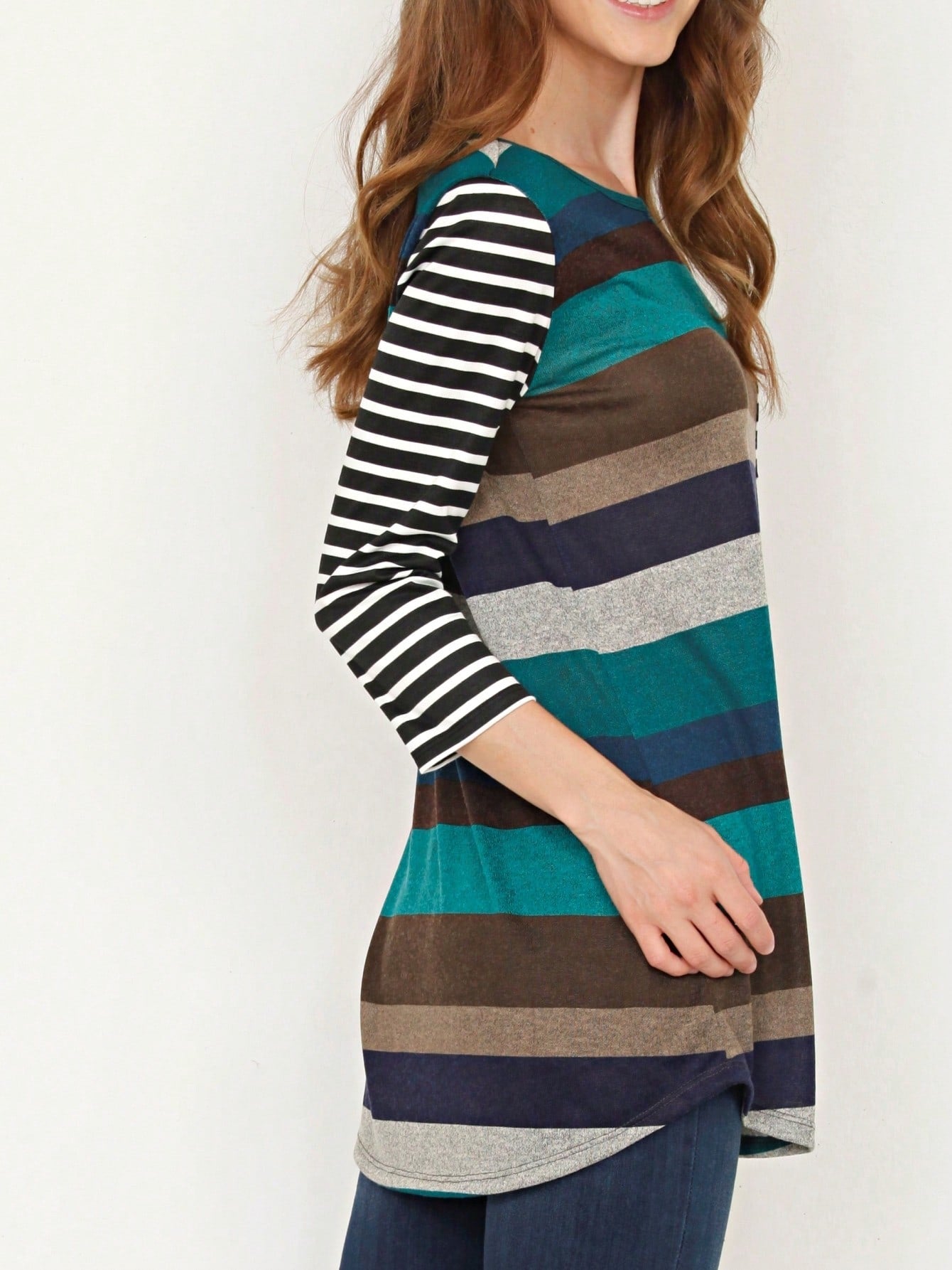 Boho Retro Knit Stripe Raglan Quarter Bishop Balloon Sleeve Stripe Color Fall Top