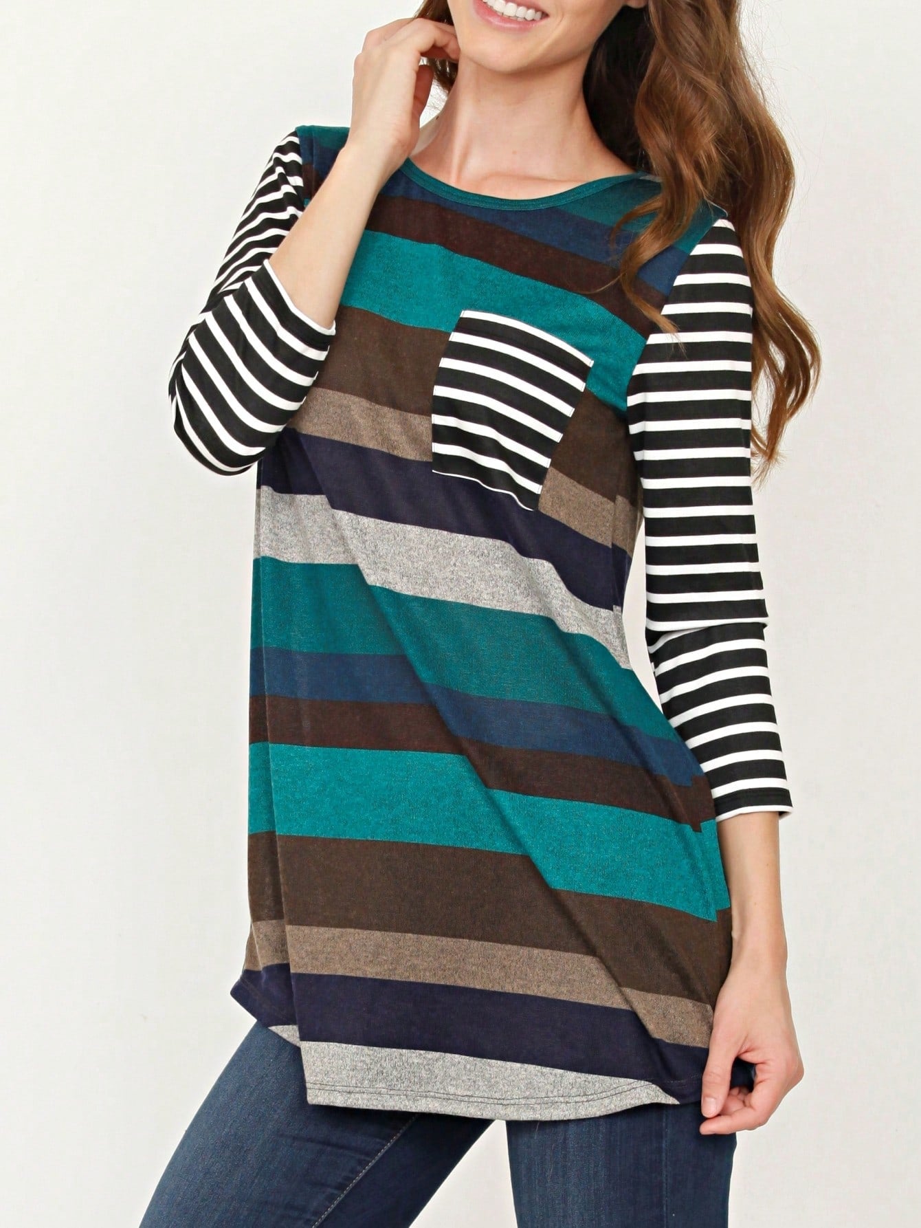 Boho Retro Knit Stripe Raglan Quarter Bishop Balloon Sleeve Stripe Color Fall Top