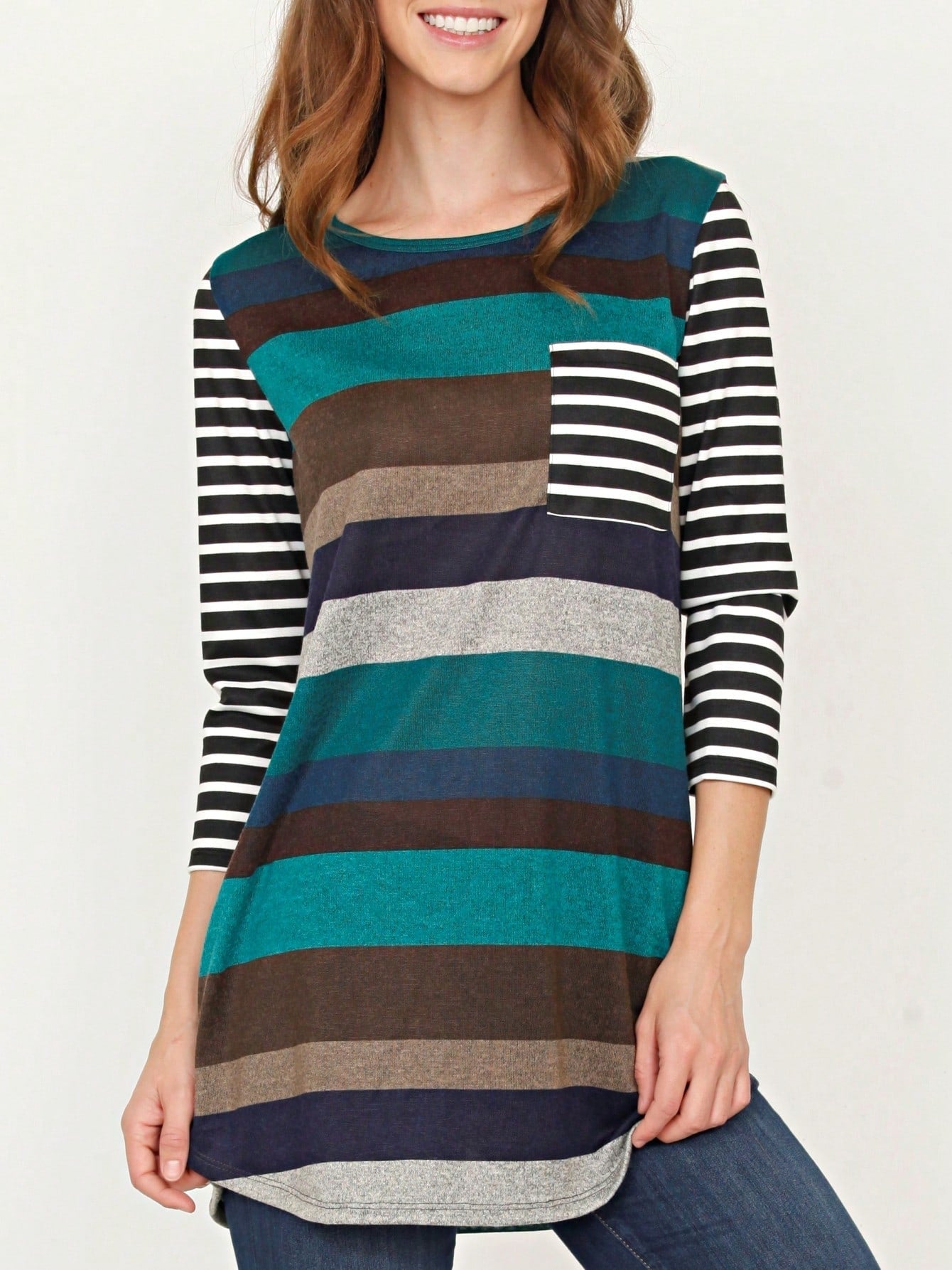 Boho Retro Knit Stripe Raglan Quarter Bishop Balloon Sleeve Stripe Color Fall Top