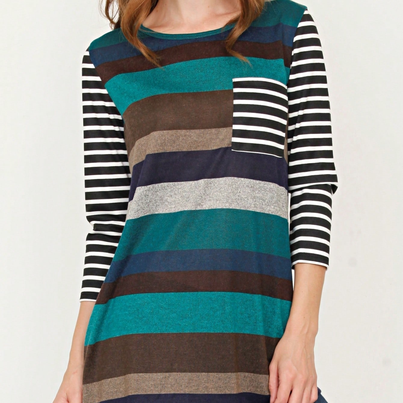 Boho Retro Knit Stripe Raglan Quarter Bishop Balloon Sleeve Stripe Color Fall Top