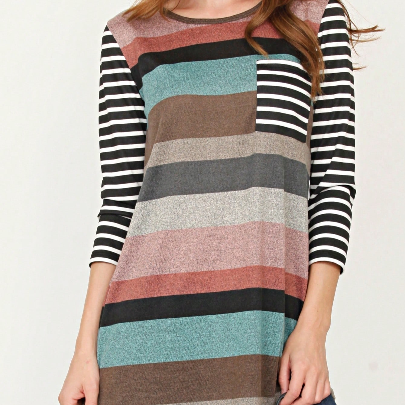 Boho Retro Knit Stripe Raglan Quarter Bishop Balloon Sleeve Stripe Color Fall Top