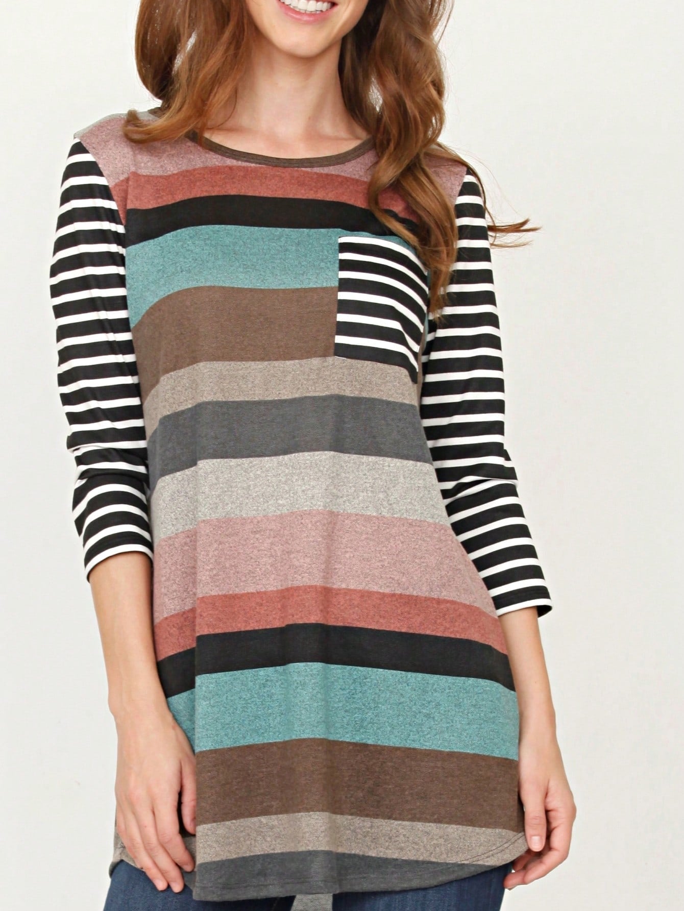 Boho Retro Knit Stripe Raglan Quarter Bishop Balloon Sleeve Stripe Color Fall Top