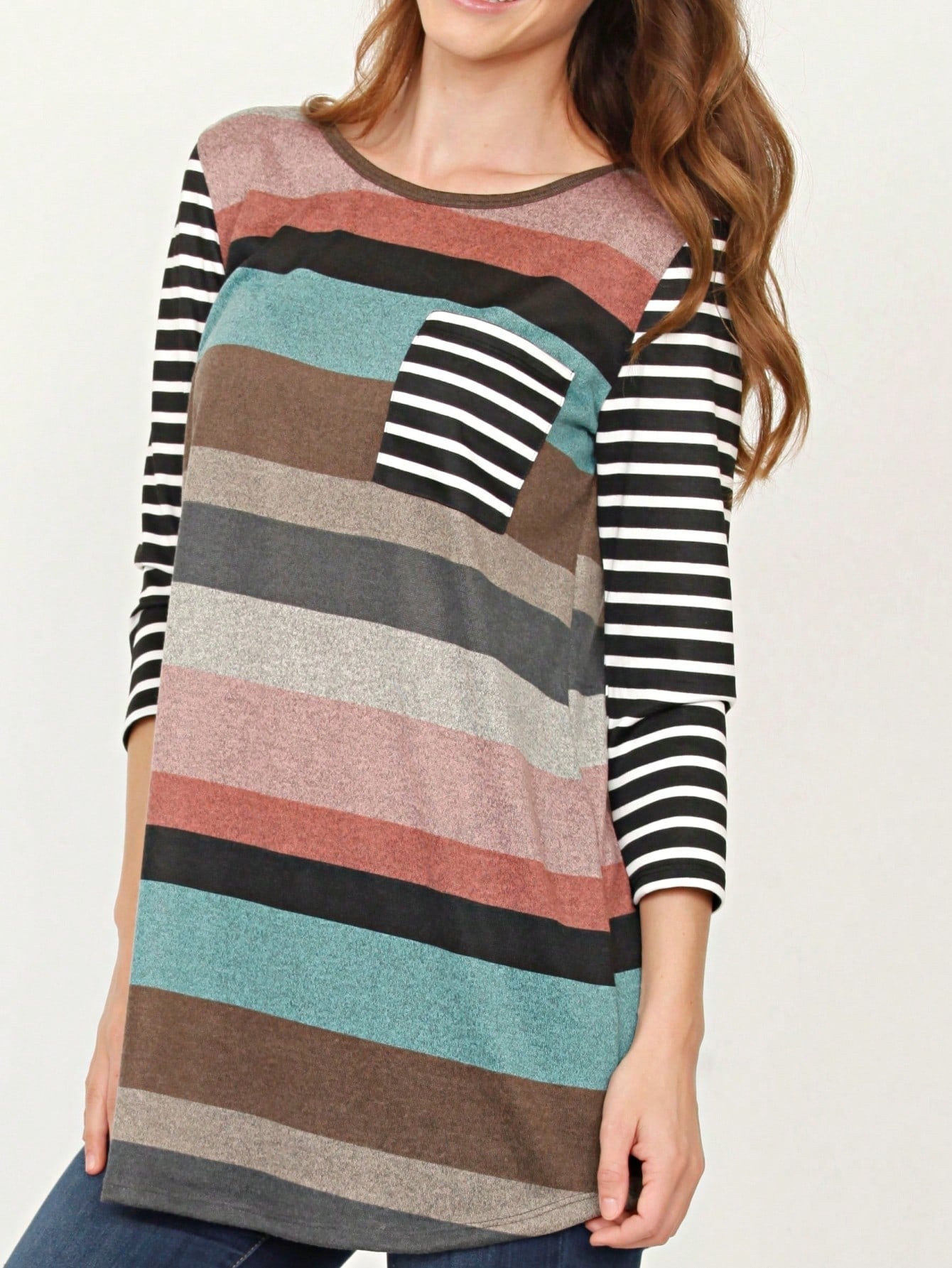 Boho Retro Knit Stripe Raglan Quarter Bishop Balloon Sleeve Stripe Color Fall Top
