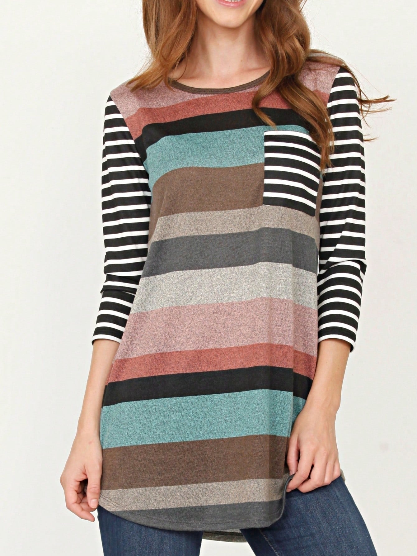 Boho Retro Knit Stripe Raglan Quarter Bishop Balloon Sleeve Stripe Color Fall Top