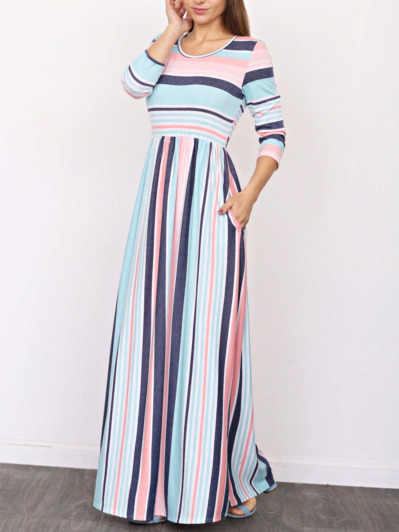 Elegant Stripe Maxi Dress With Side Pockets Versatile Summer Dress For Women