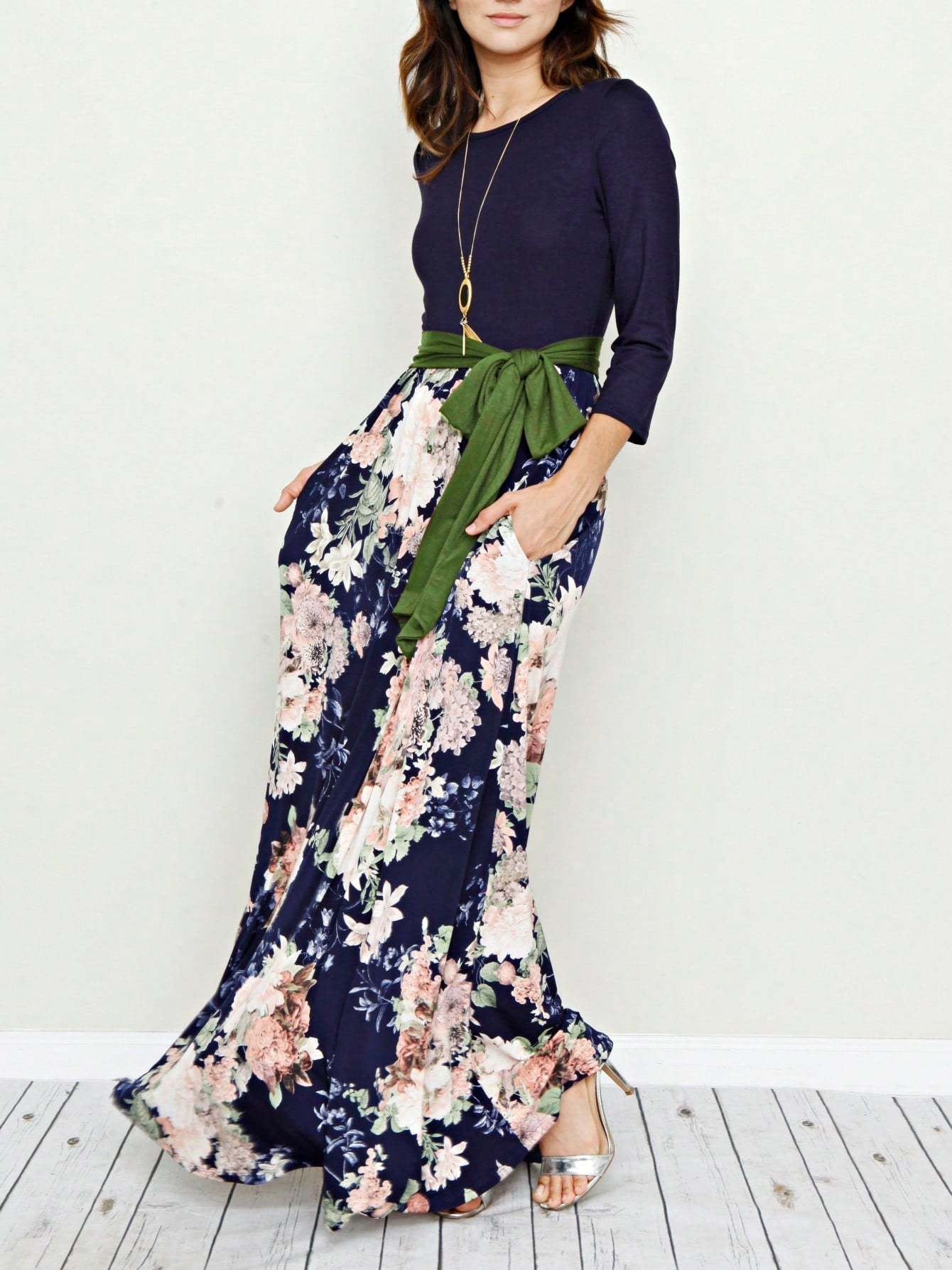 Multi Chevron Stripe Floral Sleeve Maxi Long Dress With Pocket | S-3X
