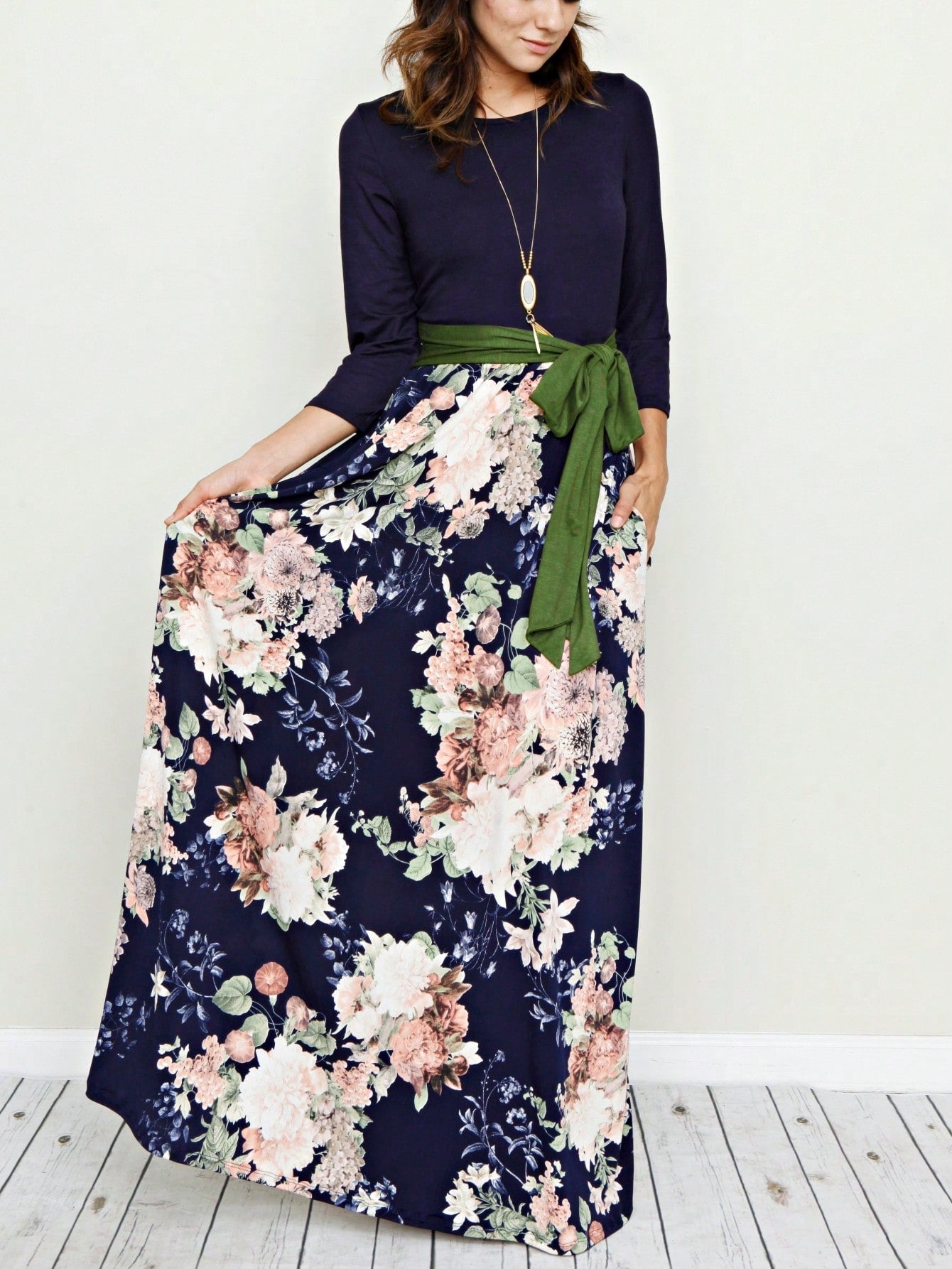 Multi Chevron Stripe Floral Sleeve Maxi Long Dress With Pocket | S-3X