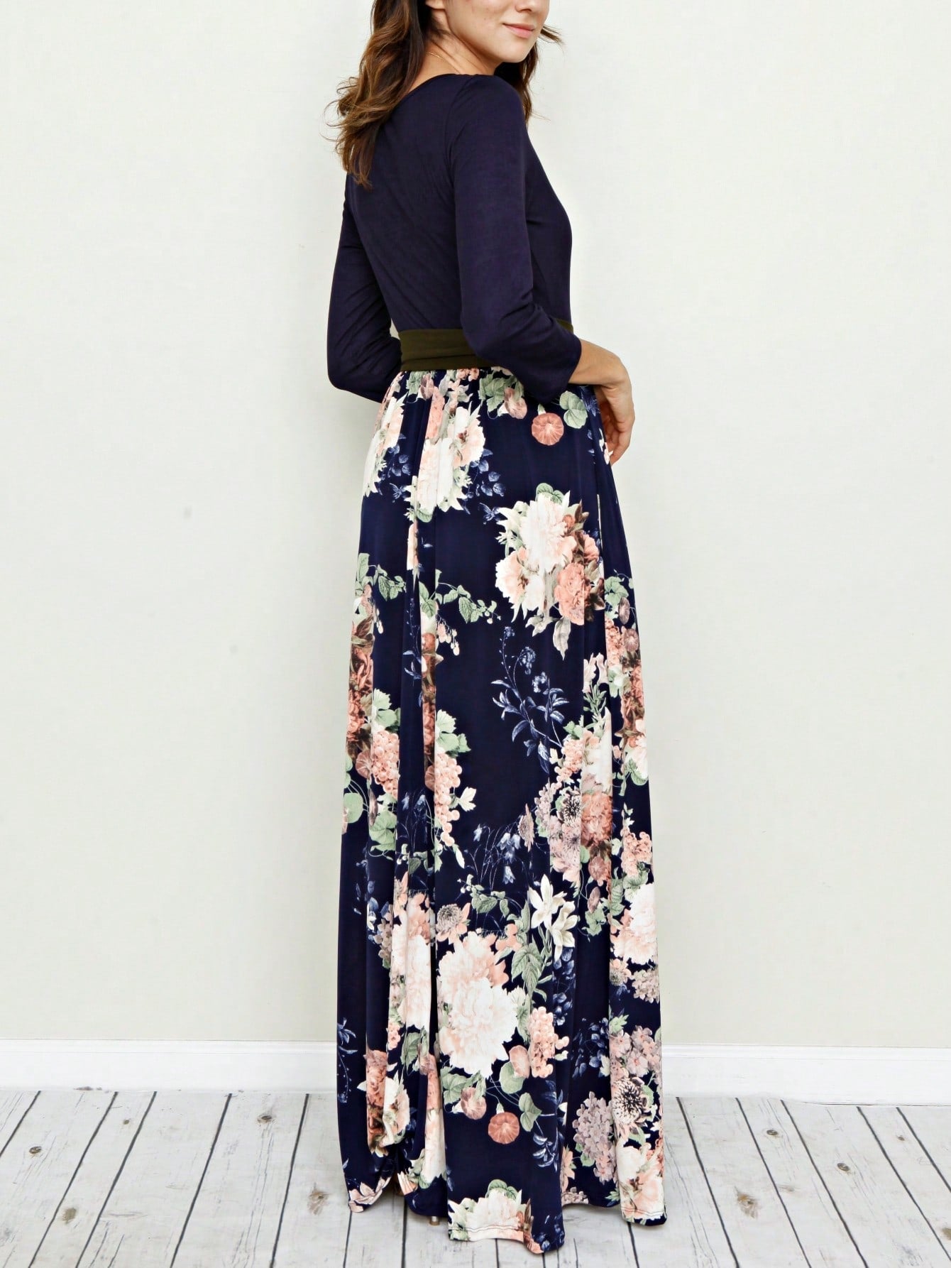 Multi Chevron Stripe Floral Sleeve Maxi Long Dress With Pocket | S-3X