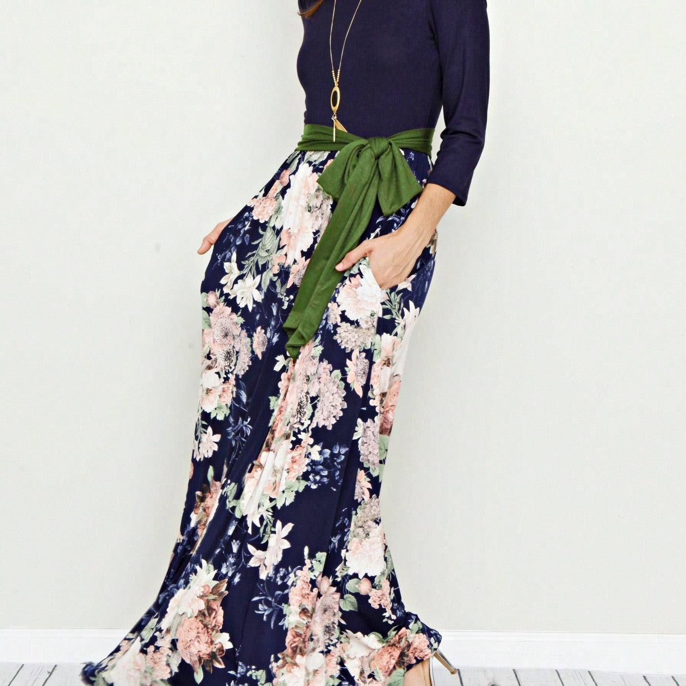 Multi Chevron Stripe Floral Sleeve Maxi Long Dress With Pocket | S-3X