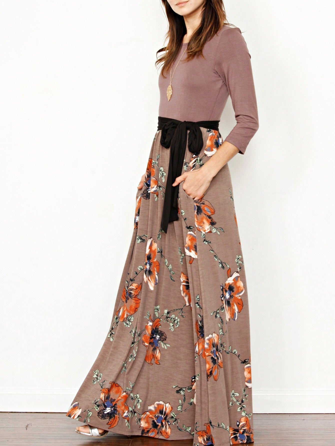 Multi Chevron Stripe Floral Sleeve Maxi Long Dress With Pocket | S-3X